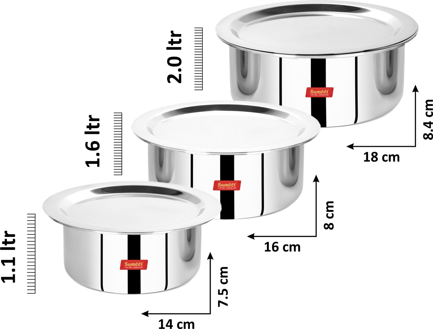 Image of Sumeet Cook Smart TriPly Steel-Aluminium-Steel - 3 Layers Tope Set of 3Pcs with Lid Tope /Bhagona /Patila Set with Lid 1.1 L, 1.6 L, 2 L capacity 14 cm, 16 cm, 18 cm diameter