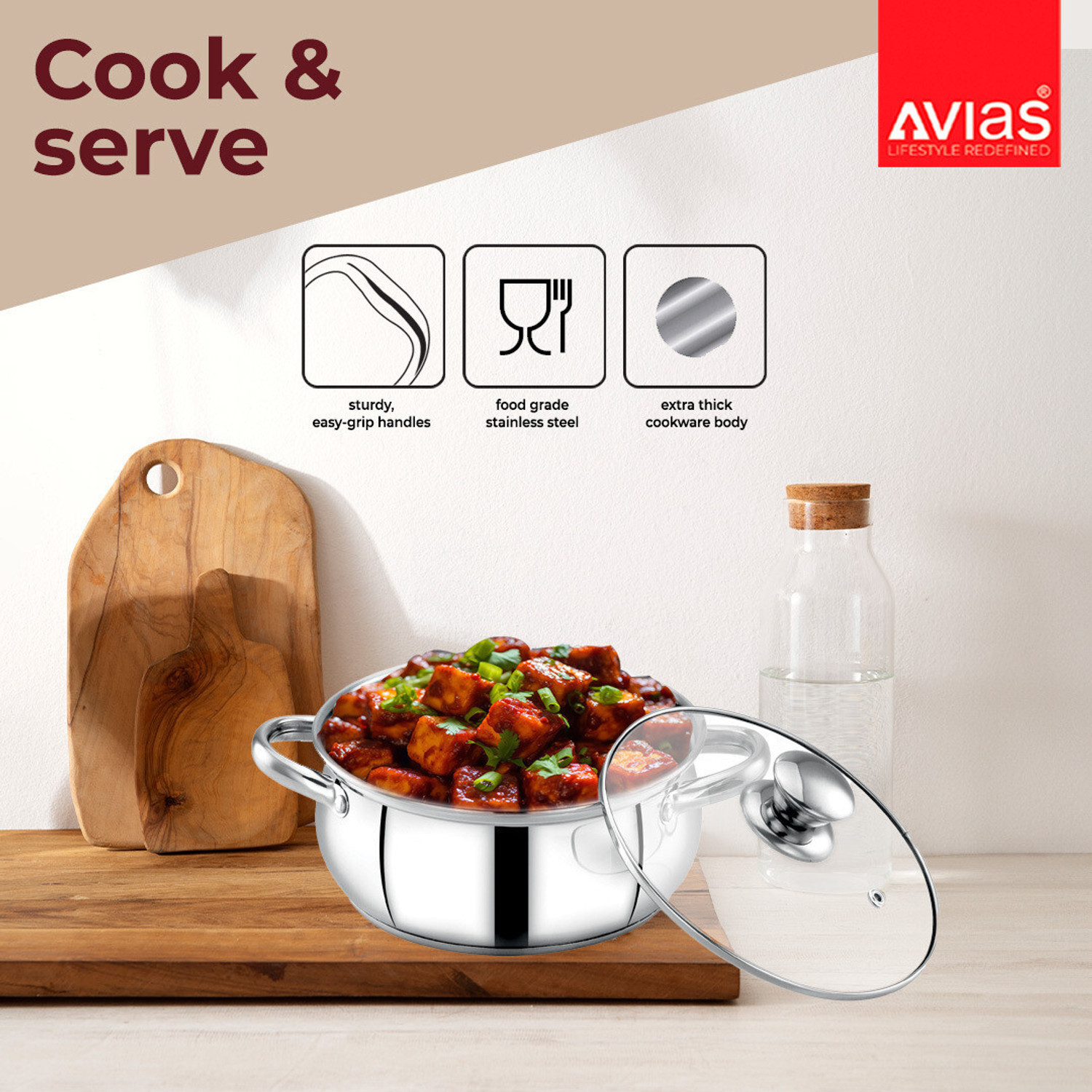 Image of AVIAS IB Cookpot with Glass Lid /Gas Stove Friendly /Rust-Resistant Cookware Pot 16 cm diameter 2 L capacity with Lid