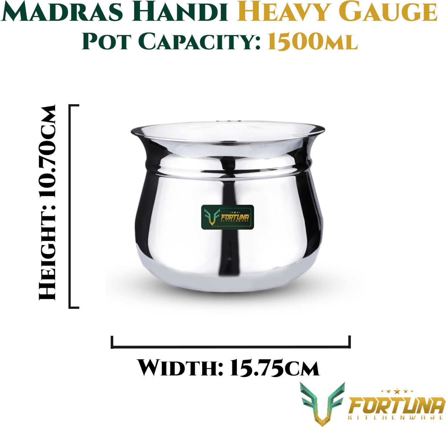 Image of Fortuna 1.5 Ltr 5-Star Heavy Dahi Handi / Curd Pot with Lid | Induction & Gas Compatible Pot 15.75 cm diameter 1.5 L capacity with Lid