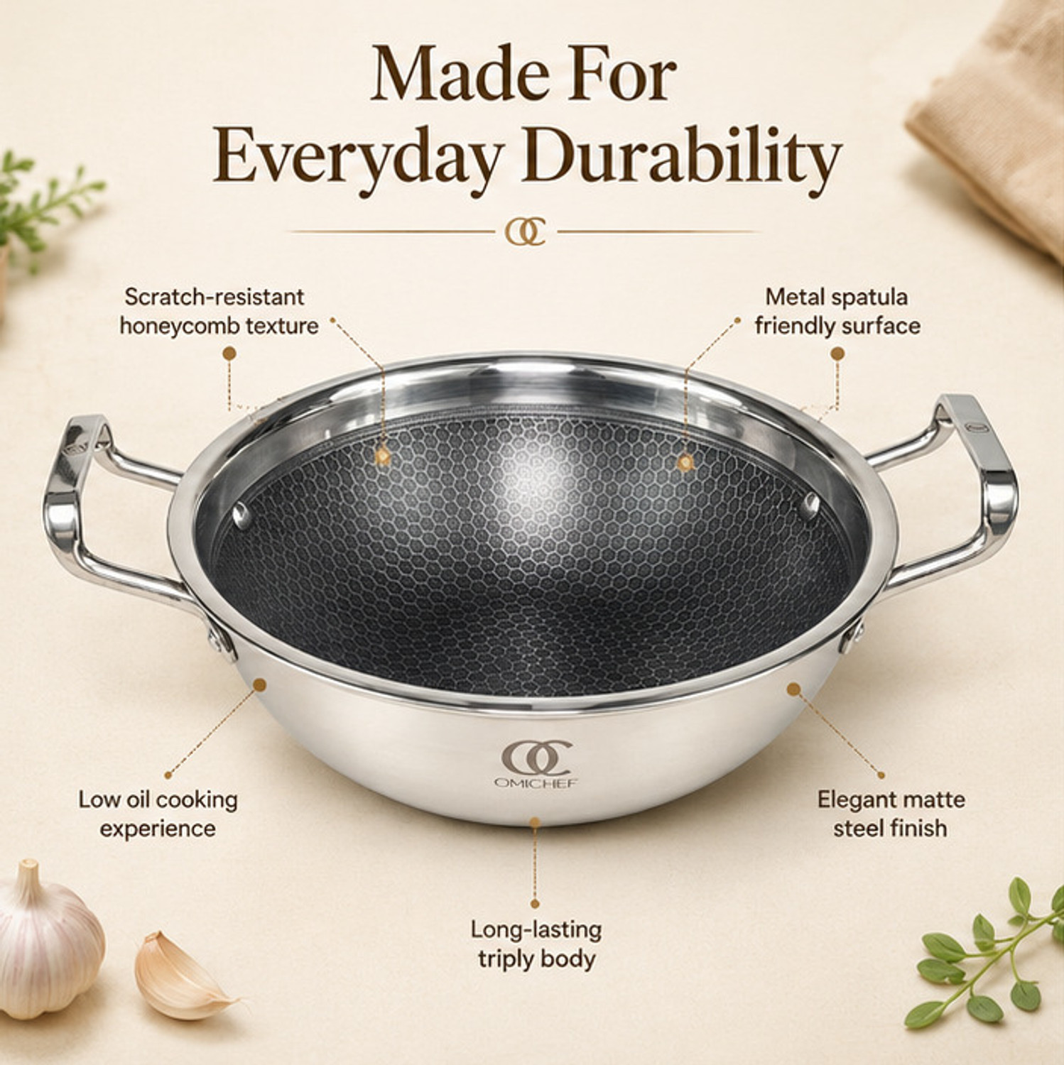 Image of Omichef Triply Stainless Steel HoneyComb Kadhai 20CM(1.7Ltr) Kadhai 20 cm diameter with Lid 1.7 L capacity
