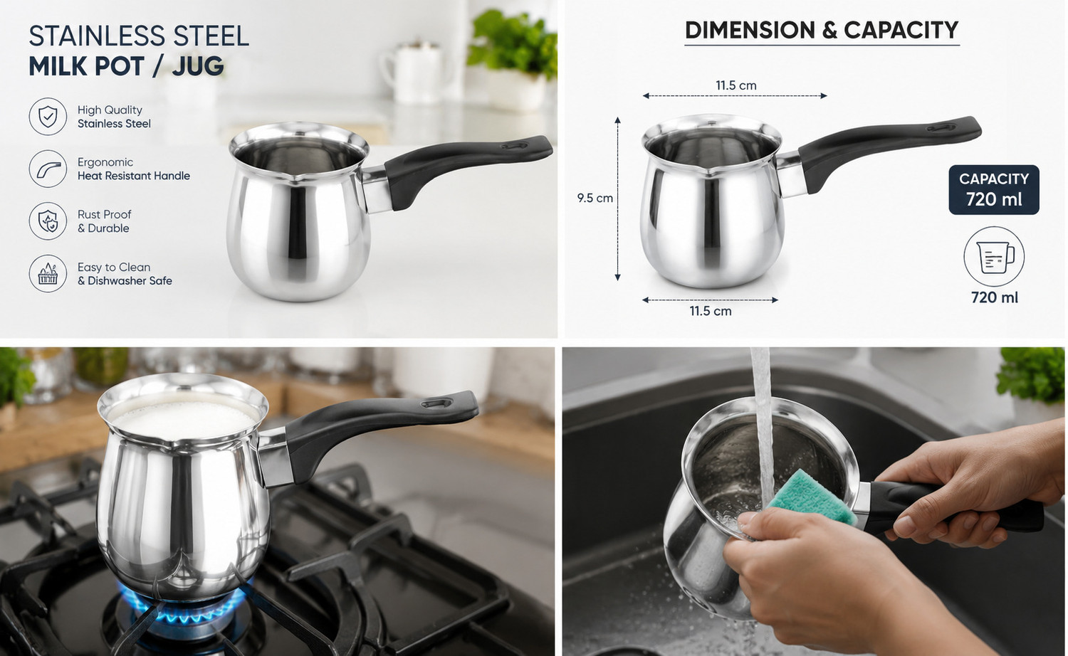 Image of Dynore Stainless Steel Milk /Coffee /Tea Warmer With Bakelite Handle 720 ml Pot 11.5 cm diameter 0.72 L capacity