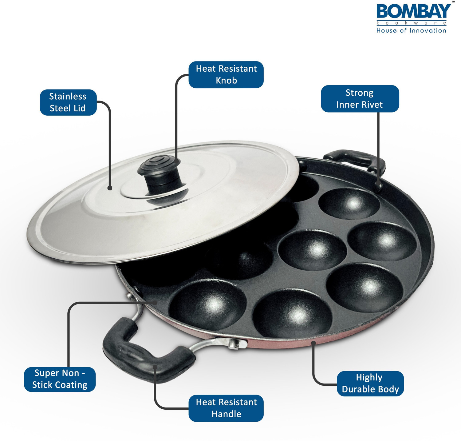 Image of Bombay Kookware APPAM MAKER 12 CAVITY 24 CM Paniarakkal Pan 24.5 cm diameter with Lid 0.5 L capacity