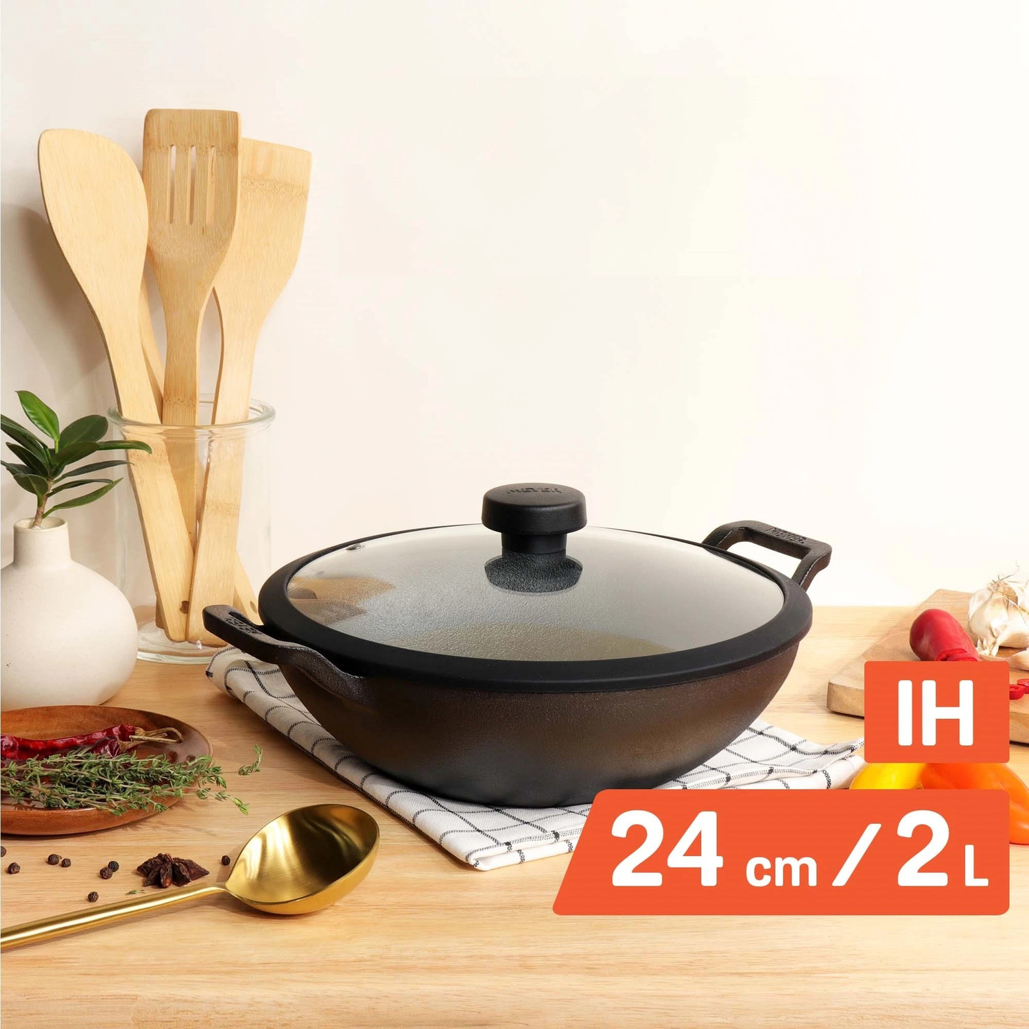 Image of Meyer Pre Seasoned Cast Iron Kadai|Iron Kadhai with Lid for Cooking and Stir Frying Kadhai 24 cm diameter with Lid 2.3 L capacity