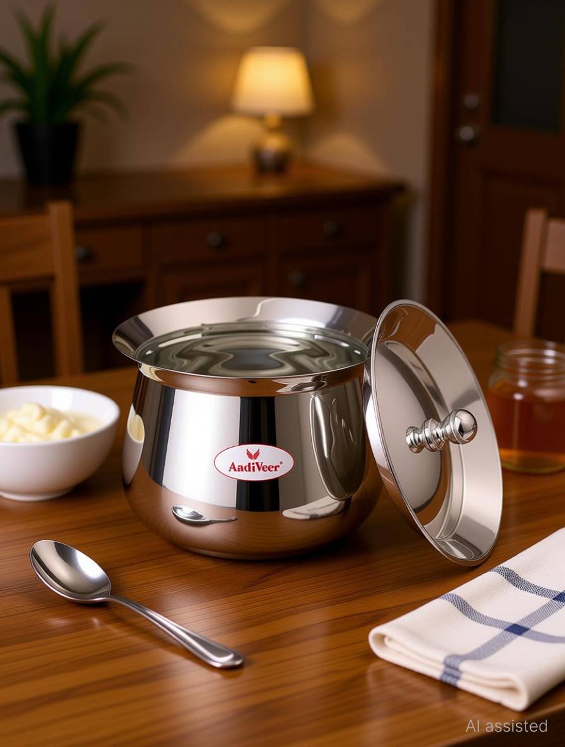 AadiVeer 20G Stainless Steel Handi | Milk Pot | Steel Pot | Dahi Handi With Lid Pot 12 cm diameter 0.7 L capacity with Lid