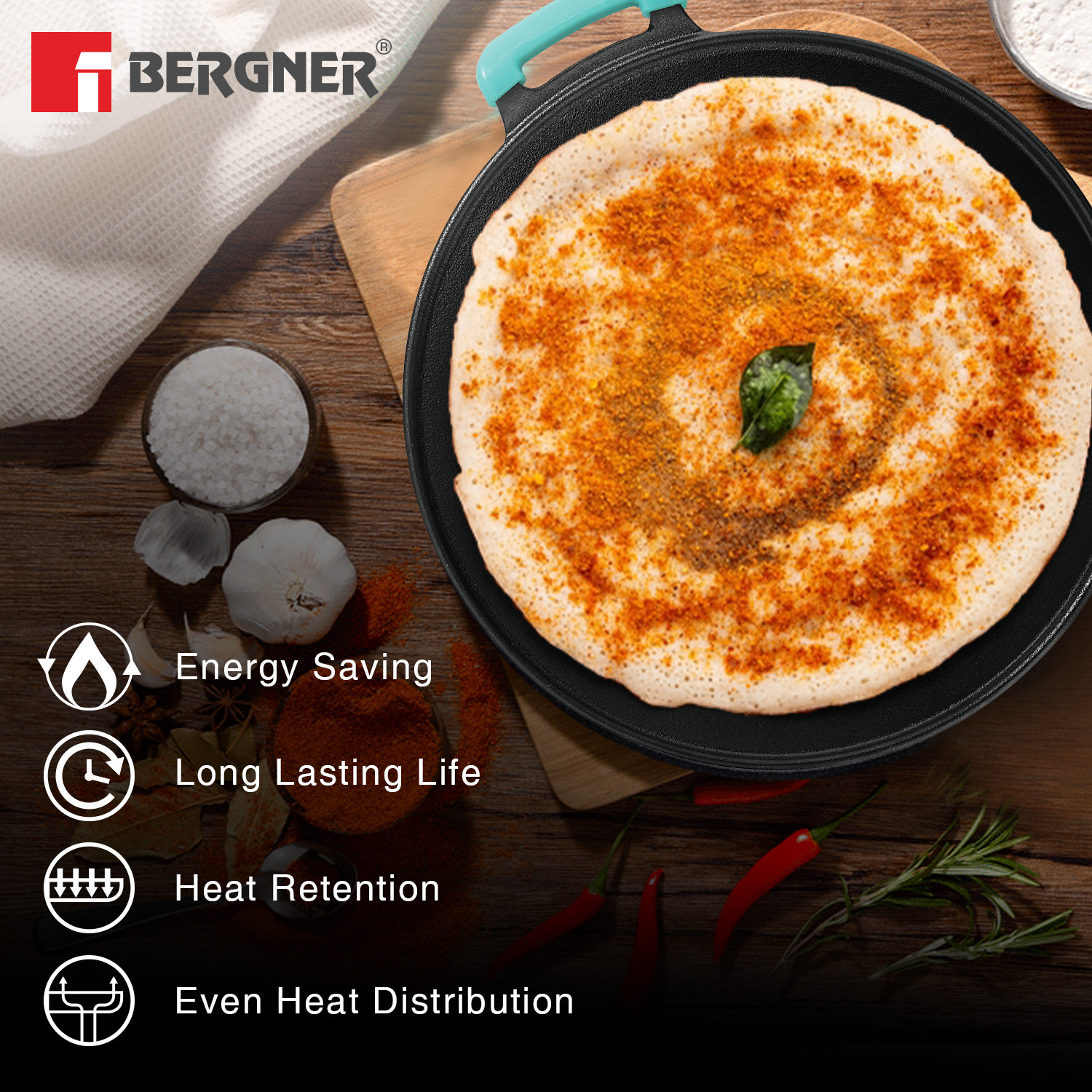 Image of BERGNER Eco Cast Iron Flat Multi Tawa 30 cm diameter