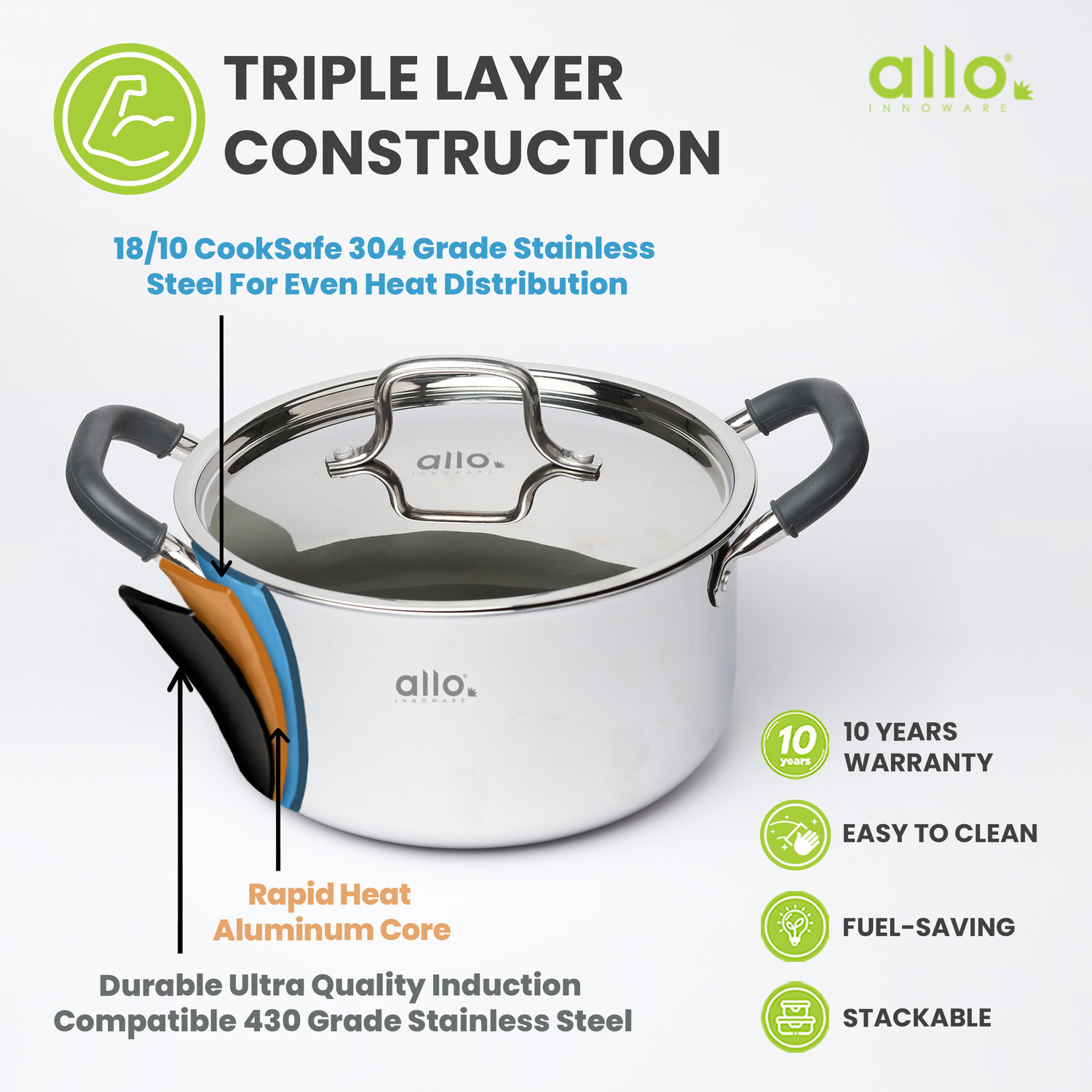 Image of Allo CookSafe TriPly Stainless Steel Naturally Non Stick Pot 20 cm diameter 3.2 L capacity with Lid