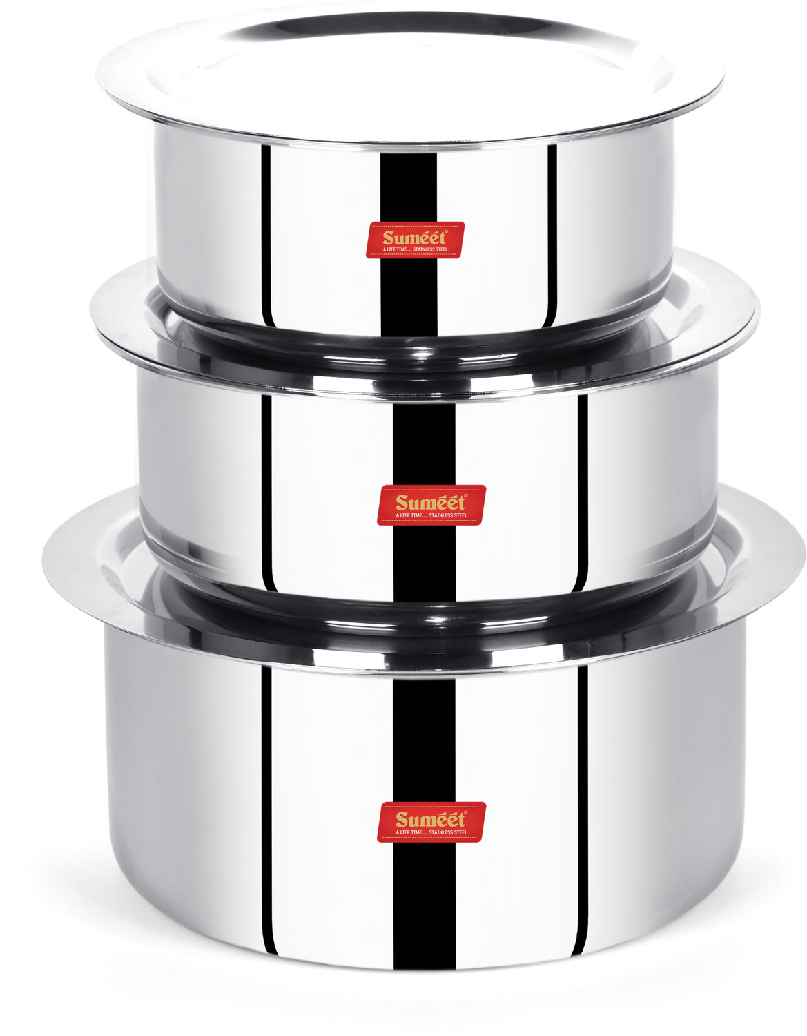 Image of Sumeet Cook Smart TriPly Steel-Aluminium-Steel - 3 Layers Tope Set of 3Pcs with Lid Tope /Bhagona /Patila Set with Lid 1.1 L, 1.6 L, 2 L capacity 14 cm, 16 cm, 18 cm diameter