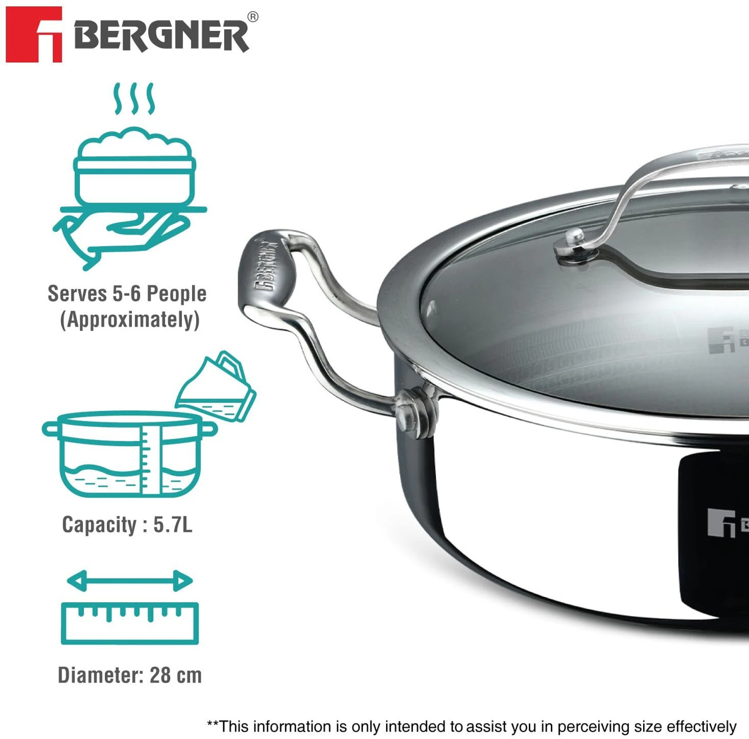 Image of BERGNER Hi-Tech Giro X Ceramic Serving Pan, Non Toxic, Pan Protector Included | Pot 28 cm diameter 5.7 L capacity with Lid