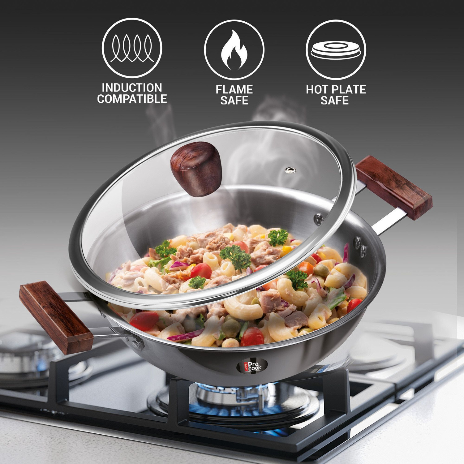 Image of MILTON Pro cook Triply Hexa Tech Induction with Glass Lid & Wooden Handle,28 cm Kadhai 28 cm diameter with Lid 3.85 L capacity