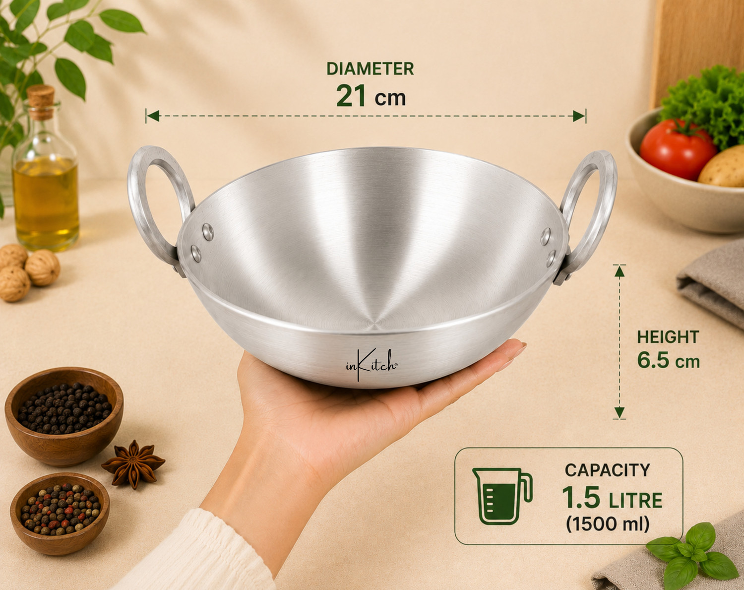 Image of inKitch Aluminium Kadhai for Cooking | Multipurpose Kadai | Heavy Gauge | Fast Heating Kadhai 21 cm diameter 1.5 L capacity