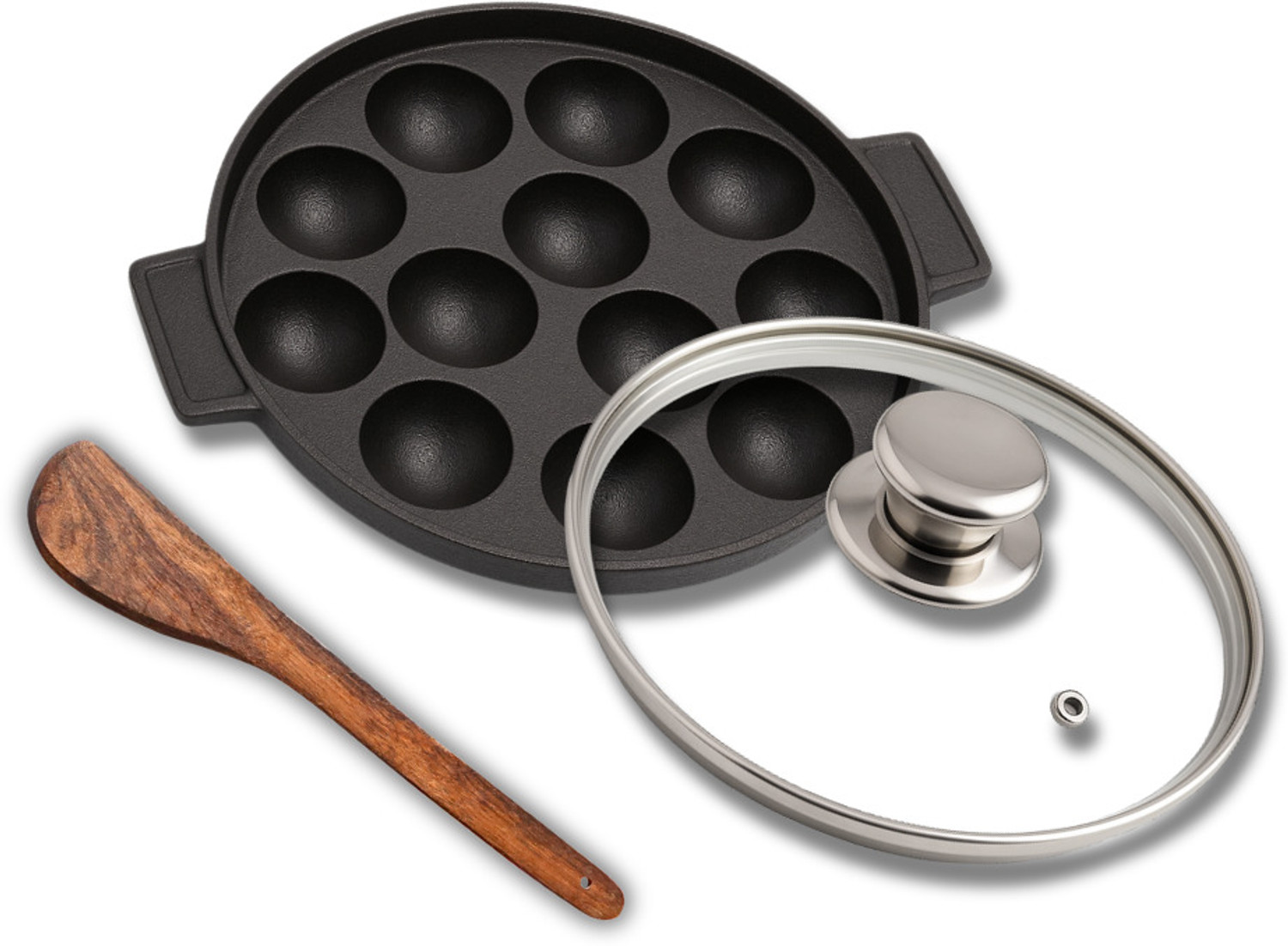 Image of Human Hydro IronCure Cast Iron 12-Pit Paniyaram Pan with Glass Lid & Wooden Spatula Paniarakkal Pan 20 cm diameter with Lid 1.2 L capacity