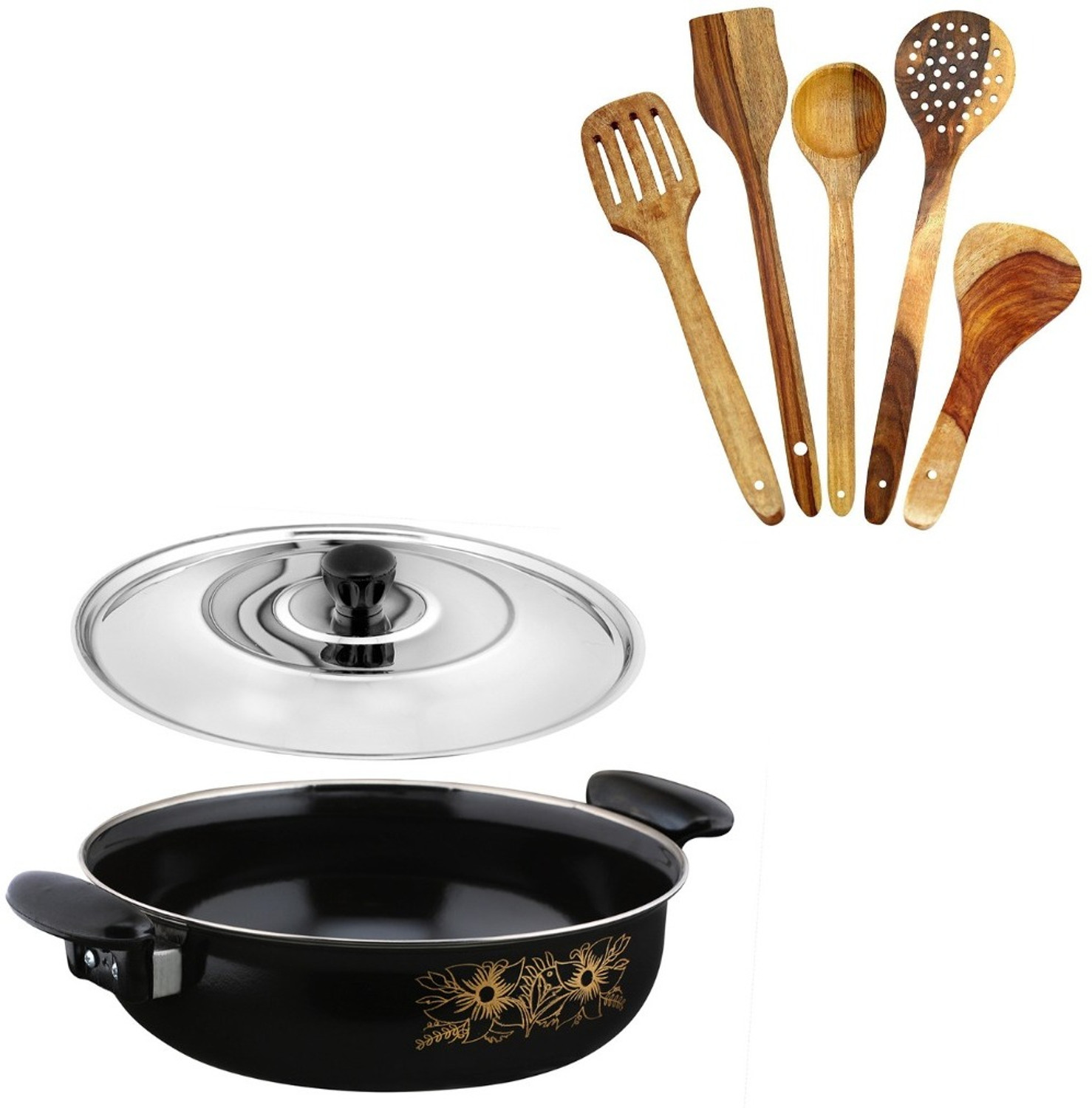 Image of Cook Pro Cookpro |Black kadai /kadhai /karahi with lid and 5pcs multipurpose spatula set Kadhai 26 cm diameter with Lid 3.5 L capacity