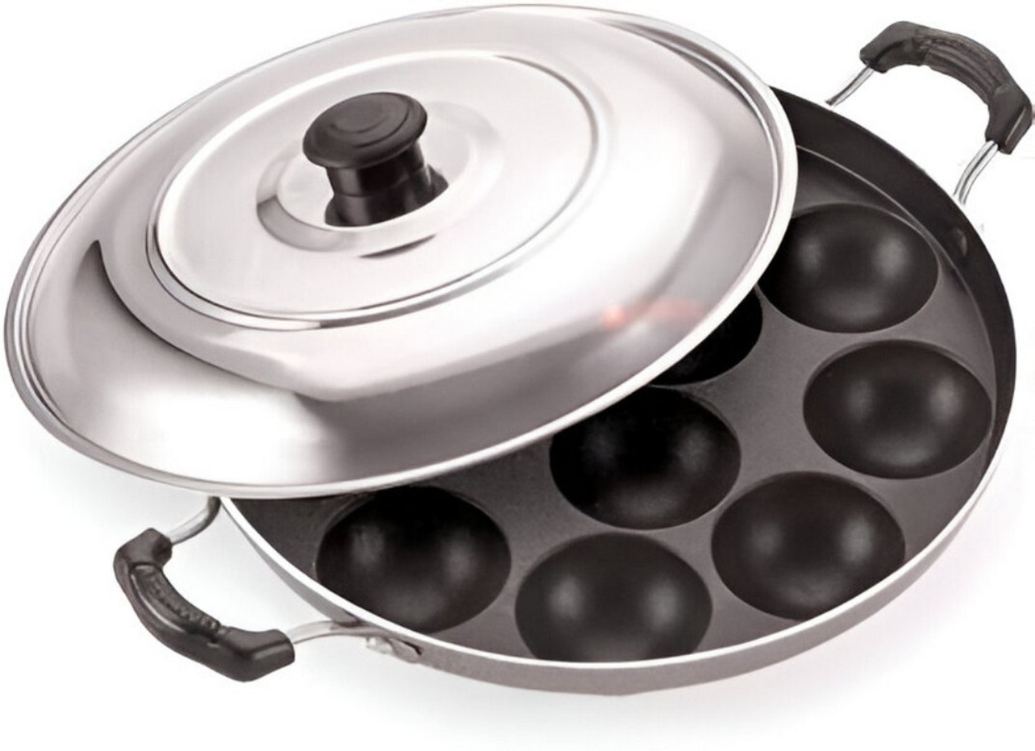 Image of DTM super appam patra with lid and handle / kulipaniyaram pan nonstick / appe / aapee Paniarakkal Pan 23 cm diameter with Lid 1 L capacity