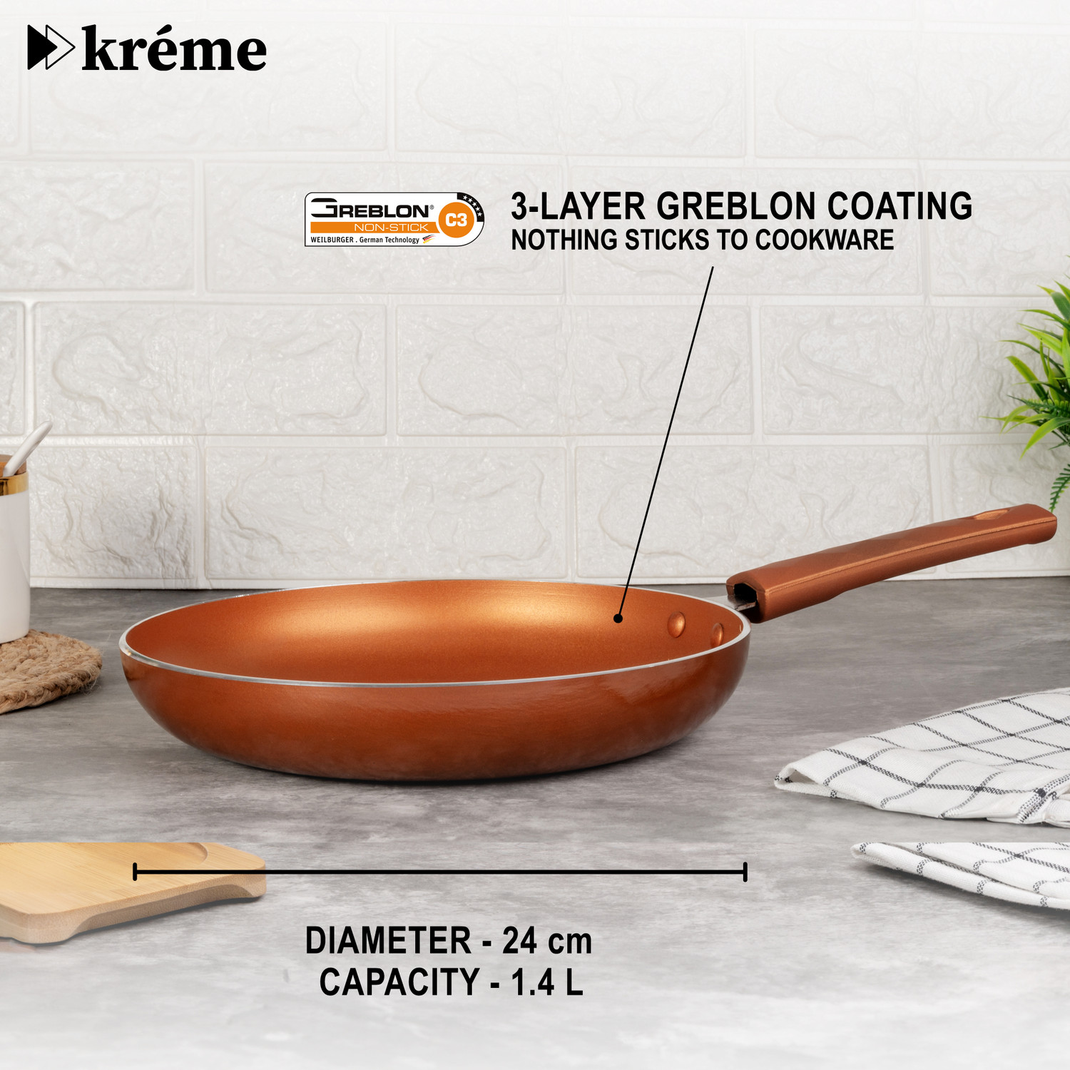 Image of Kreme Sonet Fry Pan 24 cm diameter with Lid 1.4 L capacity Fry Pan 24 cm diameter with Lid 1.4 L capacity