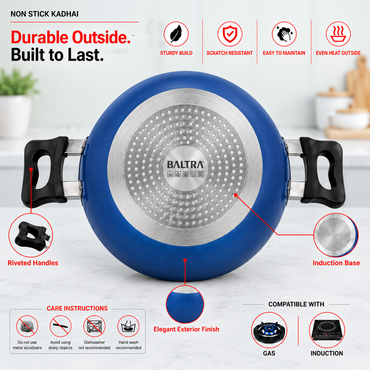 Image of Baltra induction base non stick kadai 26 cm (Blue) Kadhai 26 cm diameter with Lid 4 L capacity (Aluminium, Non-stick, Induction Bottom)
