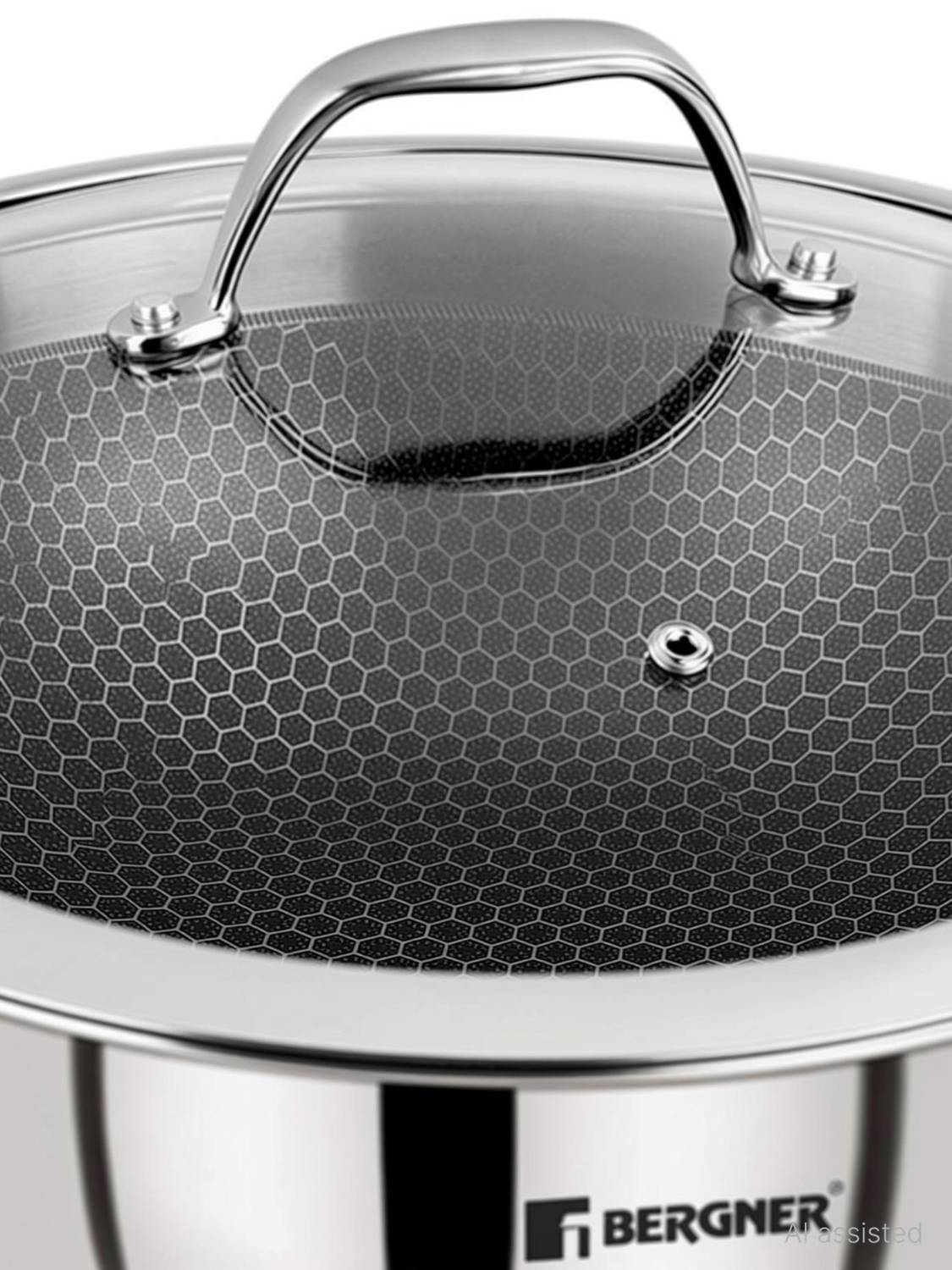 BERGNER Stainless Steel Induction Bottom Gas Stove Friendly Kadhai Wok Set with Lid 1.5 L capacity 20 cm diameter