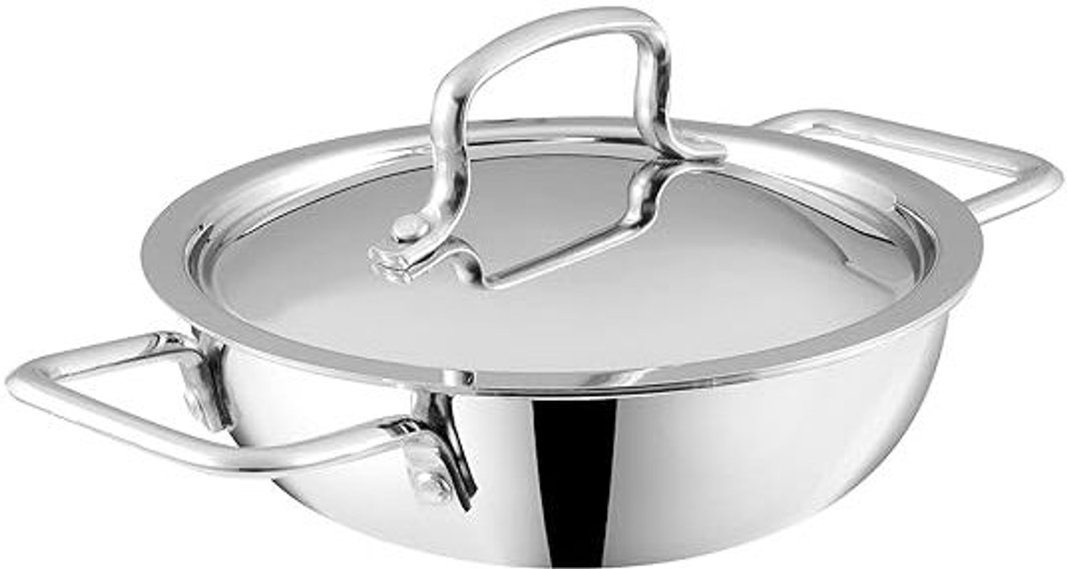 Image of Kraft Stainless Steel Futuretec Triply Stainless Steel Extra Deep Kadhai 18 cm diameter with Lid 1.1 L capacity
