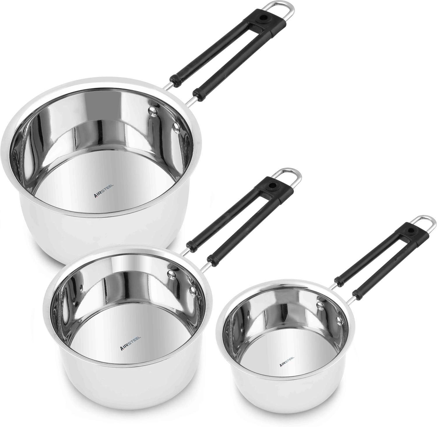 Airsteel Stainless Steel Sauce pan (set of 3) Milk Pan 10 cm, 15 cm, 19 cm diameter 0.8 L, 1.2 L, 2.3 L capacity