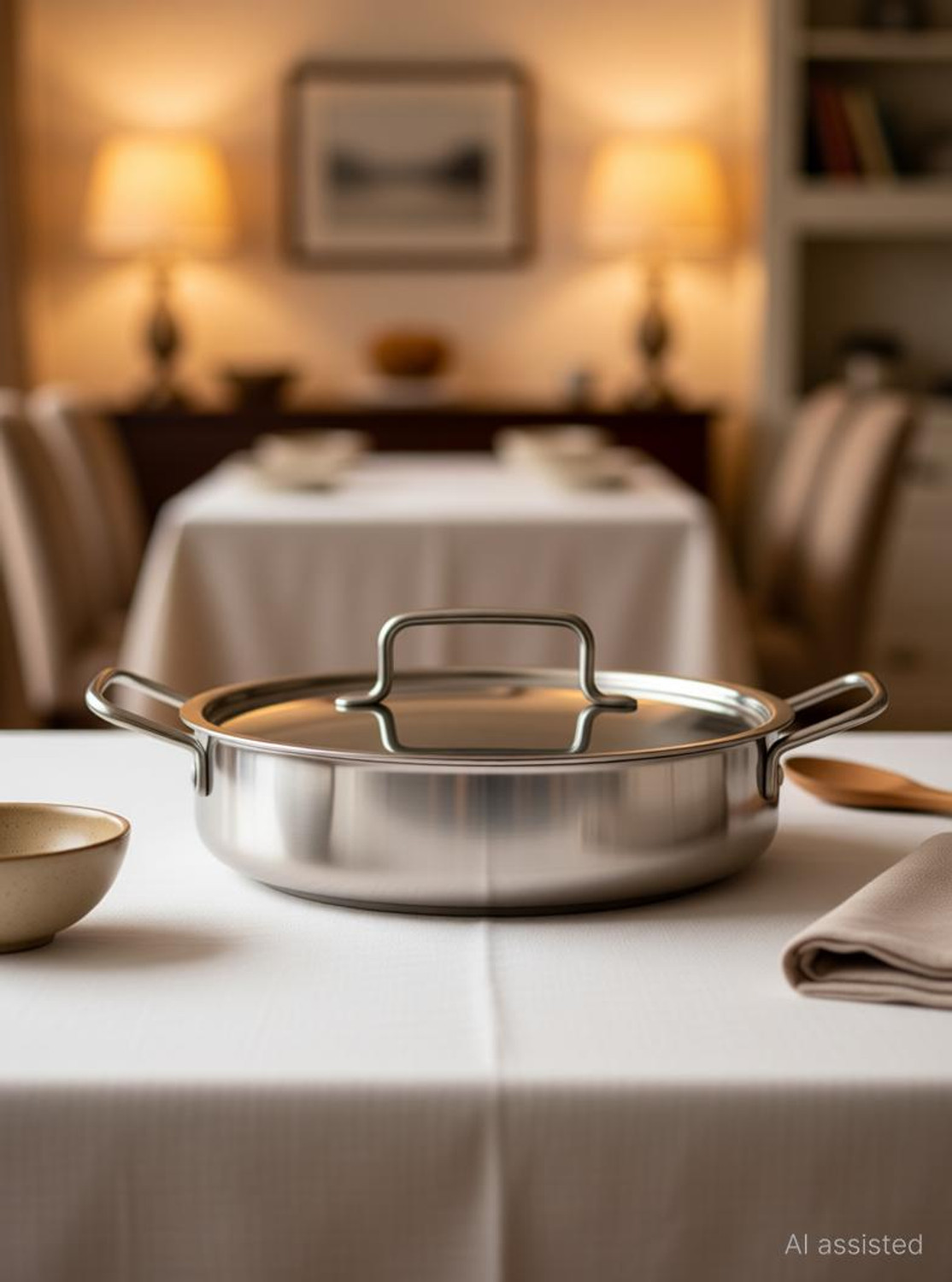 Image of moksh TriPly SS Cook & Serve Casserole / Shallow Biryani Pan / Stew Pot / Handi Pot 26 cm diameter 4 L capacity with Lid