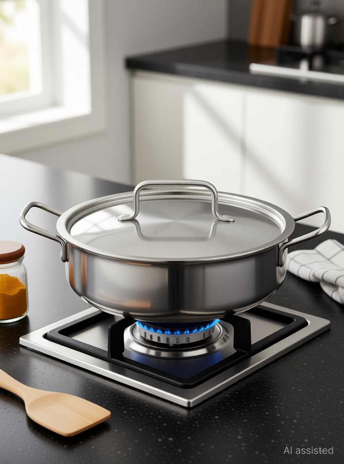 Image of moksh TriPly SS Cook & Serve Casserole / Shallow Biryani Pan / Stew Pot / Handi Pot 26 cm diameter 4 L capacity with Lid