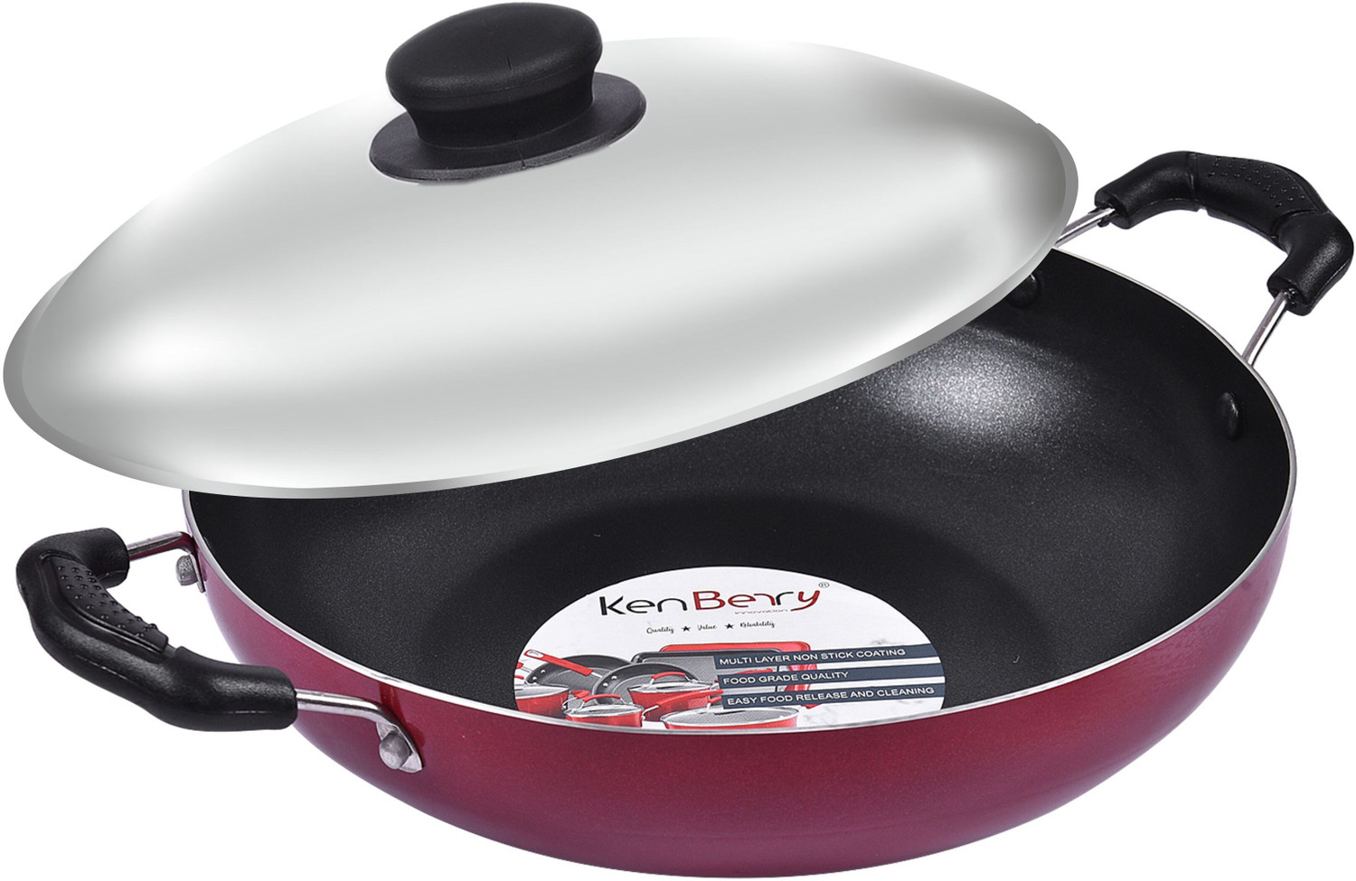 Image of KenBerry Eco Non Induction Base Superior Non Stick Coated With Steel Lid Kadhai 24 cm diameter with Lid 2.4 L capacity