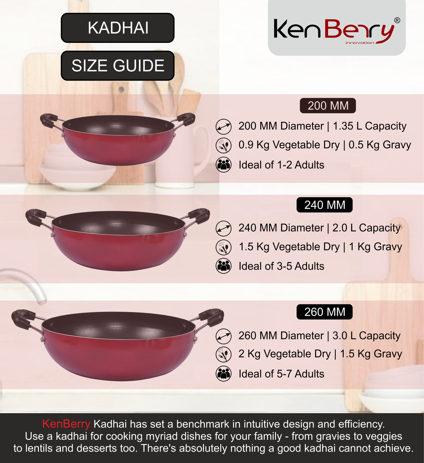 Image of KenBerry Eco Non Induction Base Superior Non Stick Coated With Steel Lid Kadhai 24 cm diameter with Lid 2.4 L capacity