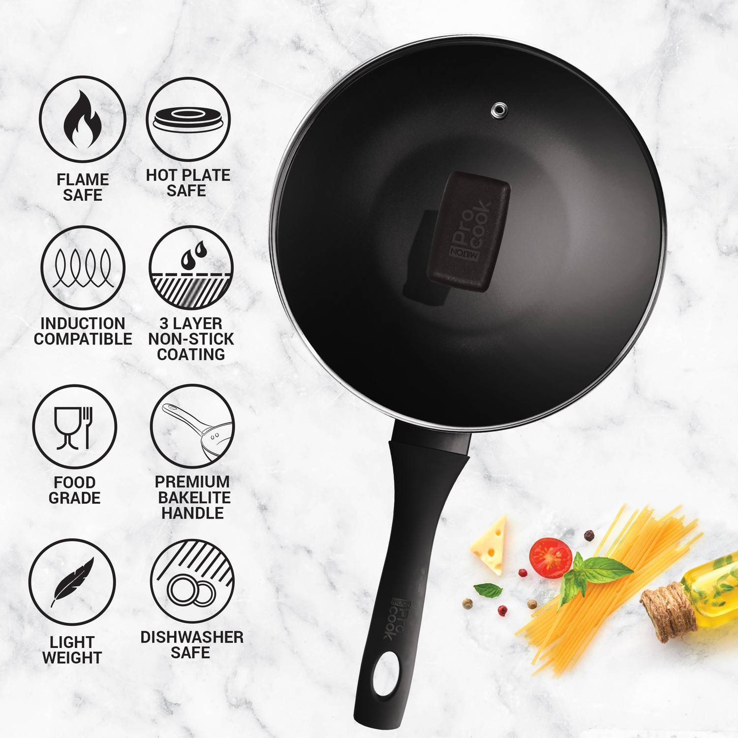 Image of MILTON Pro Cook Black Pearl Induction Fry Pan with Glass Lid, 22 cm Fry Pan 22 cm diameter with Lid 1.4 L capacity