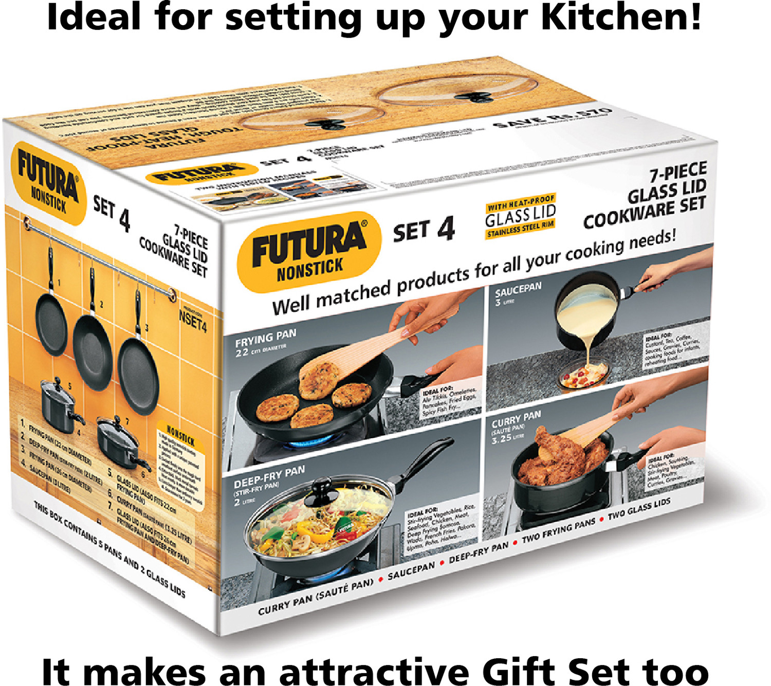 Image of Hawkins Futura 5 Pc Cookware Set 4-Frying, Stir-Fry, Curry and Sauce Pans Combo (NSET4) Pot 26 cm diameter 1 L capacity with Lid
