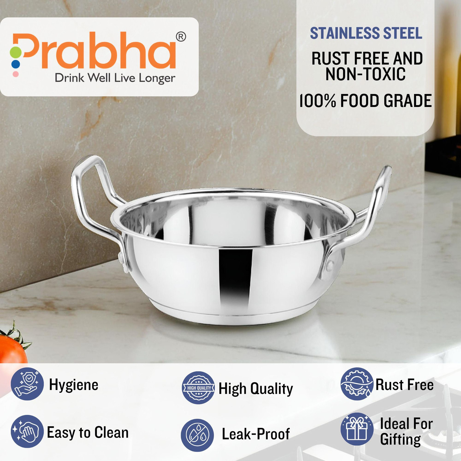 Image of PRABHA Kadai for Cooking | Steel Kadhai | Heavy Induction Base Stainless Steel Kadhai Kadhai 18.5 cm diameter 1.5 L capacity