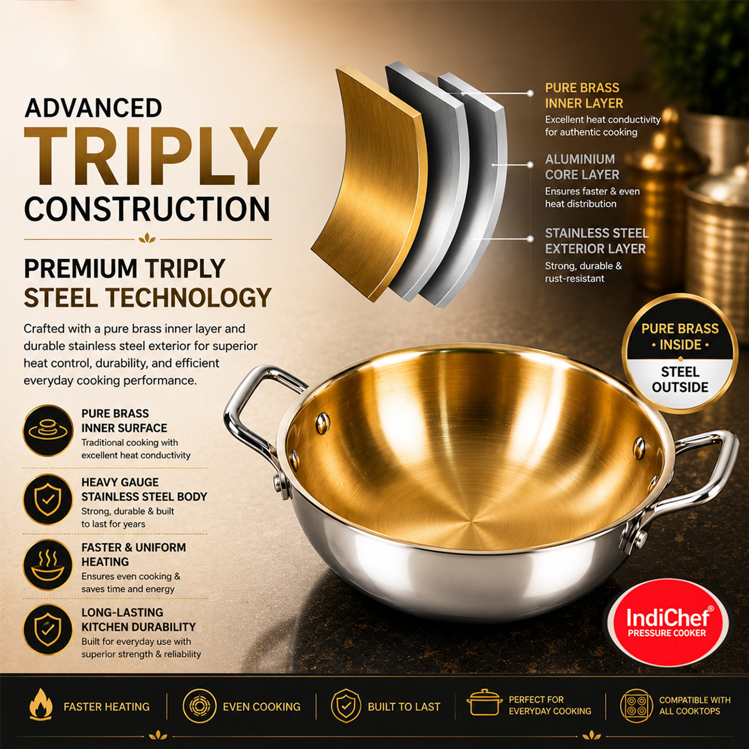 Image of IndiChef Brass Triply Kadahi in Heavy Weight | Gas Stove & Induction Friendly Kadhai 26 cm diameter 3 L capacity (Brass, Non-stick, Induction Bottom)