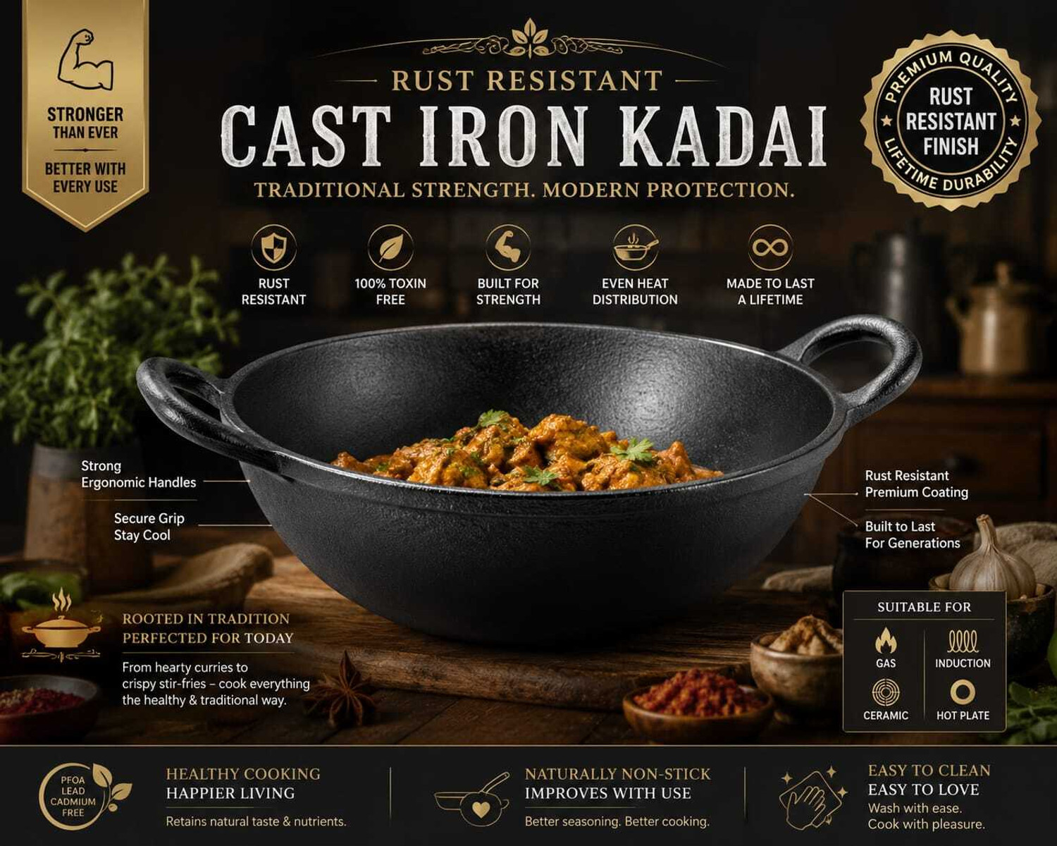 Image of forsel Premium Quality Cast Iron Kadai for Multipurpose Kitchen Cooking Kadhai 25 cm diameter 2.4 L capacity