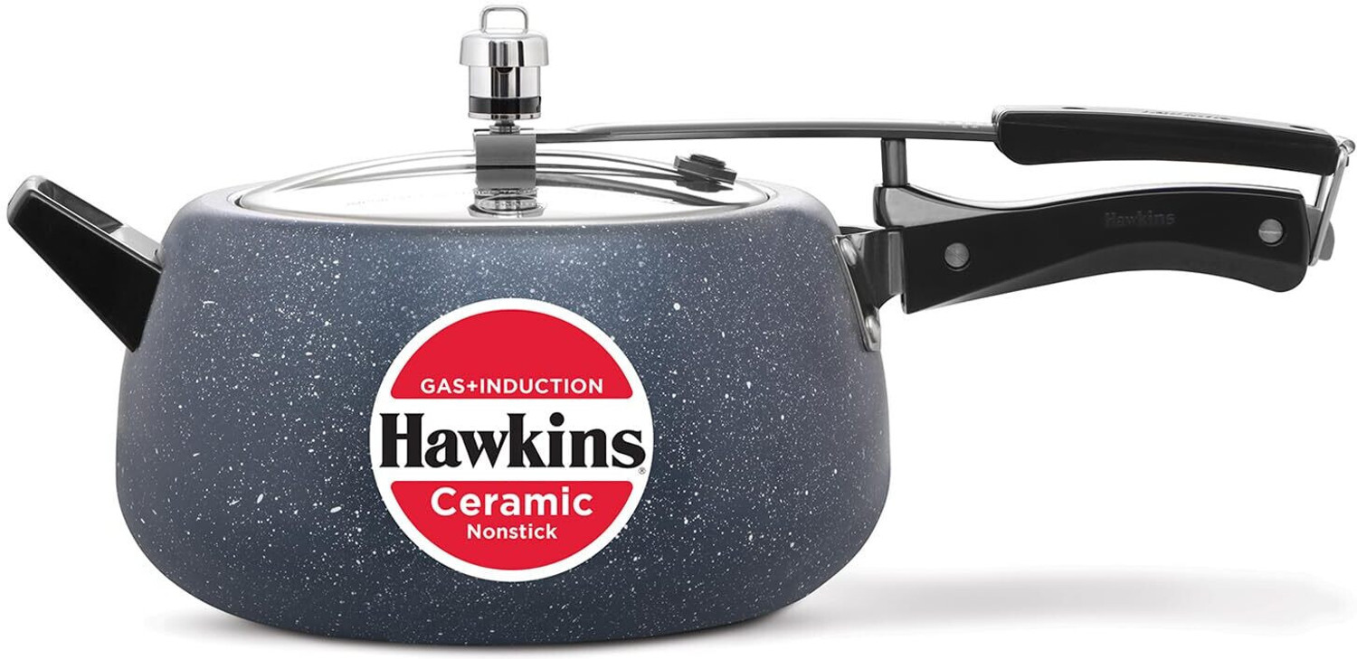 Image of Hawkins Ceramic Coted Kadhai with Glass Lid 3.5L,Cooker 5L,SPATULA 3pc SET BSPTL3, Kadhai 40 cm, 28 cm, 32 cm diameter with Lid 3.5 L, 5 L capacity