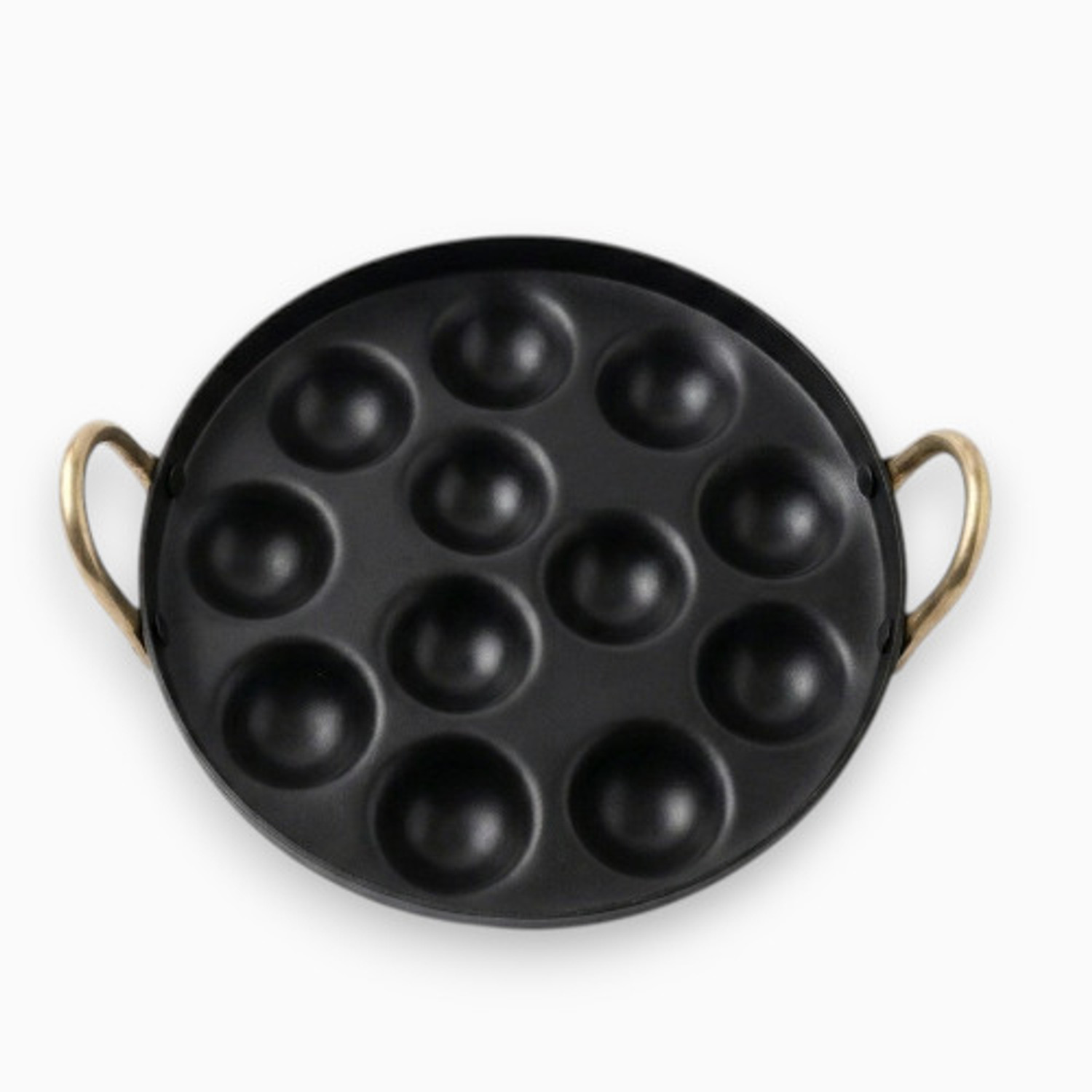 Image of MATHI TRADERS Iron Appam Pan with Brass Handles, 12 Cavity Chetty Pan 11 cm diameter with Lid 0.5 L capacity (Iron)