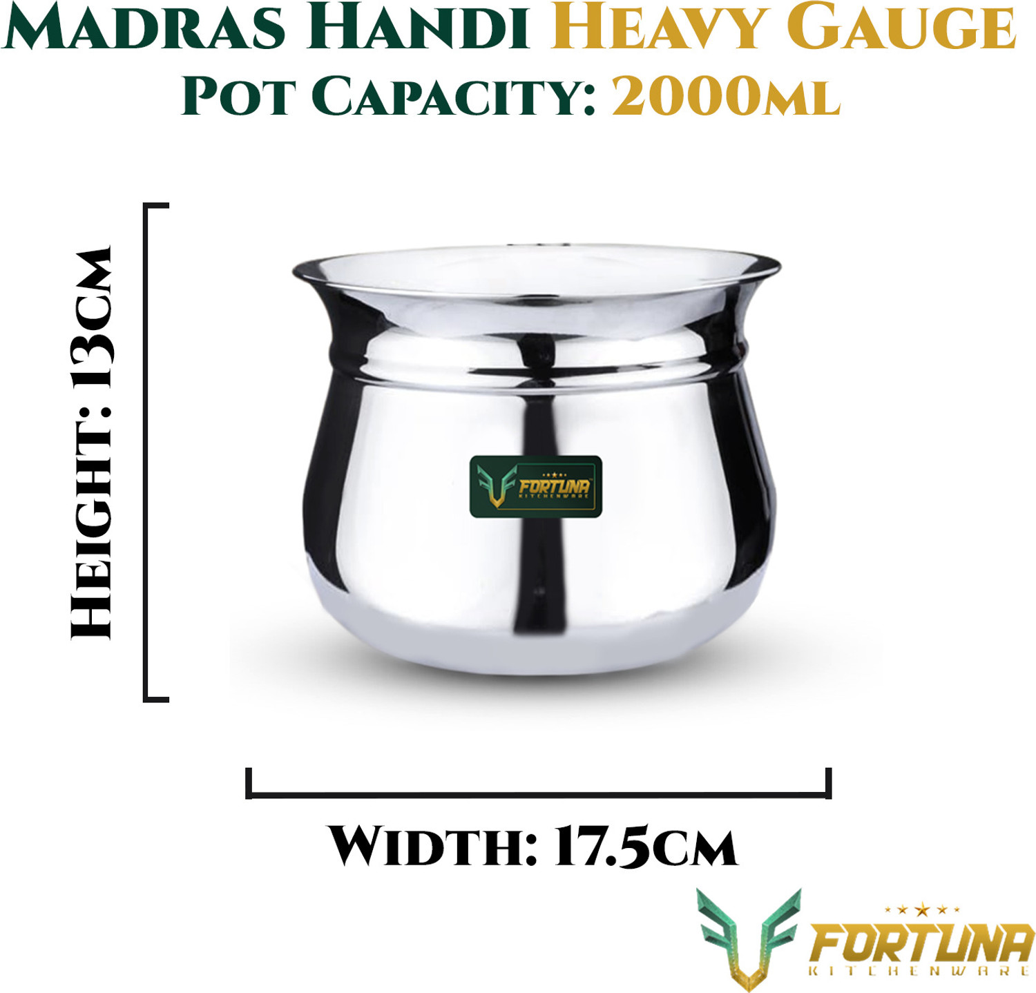 Image of Fortuna 2 Ltr, 5-Star Heavy Dahi Handi / Curd Pot with Lid | Induction & Gas Compatible Pot 17.5 cm diameter 2 L capacity with Lid