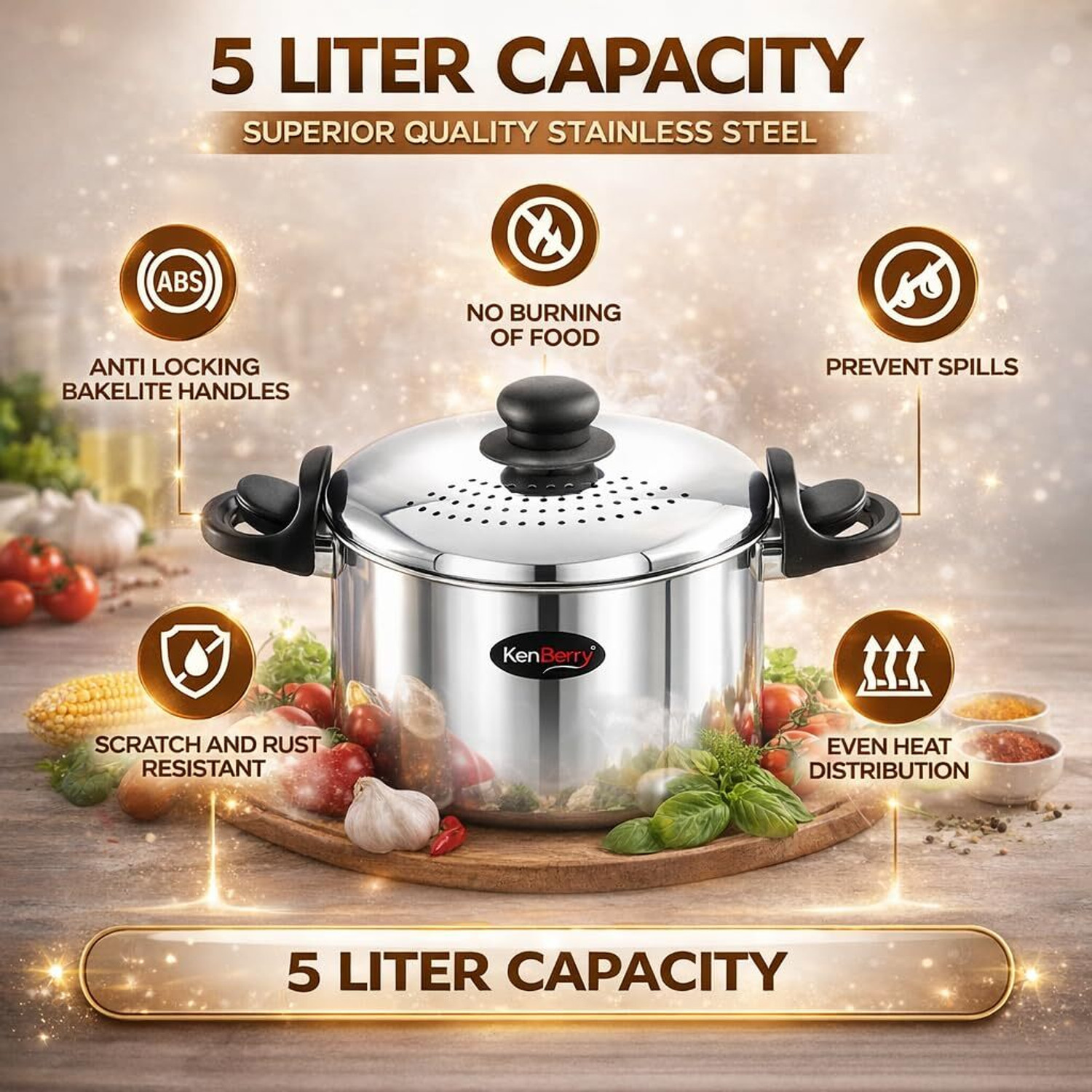 Image of KenBerry Rice & Pasta Pot With Strainer Lid | Locking Handle | Multi-Purpose Cookware Pot 23 cm diameter 5 L capacity with Lid (Stainless Steel, Induction Bottom)