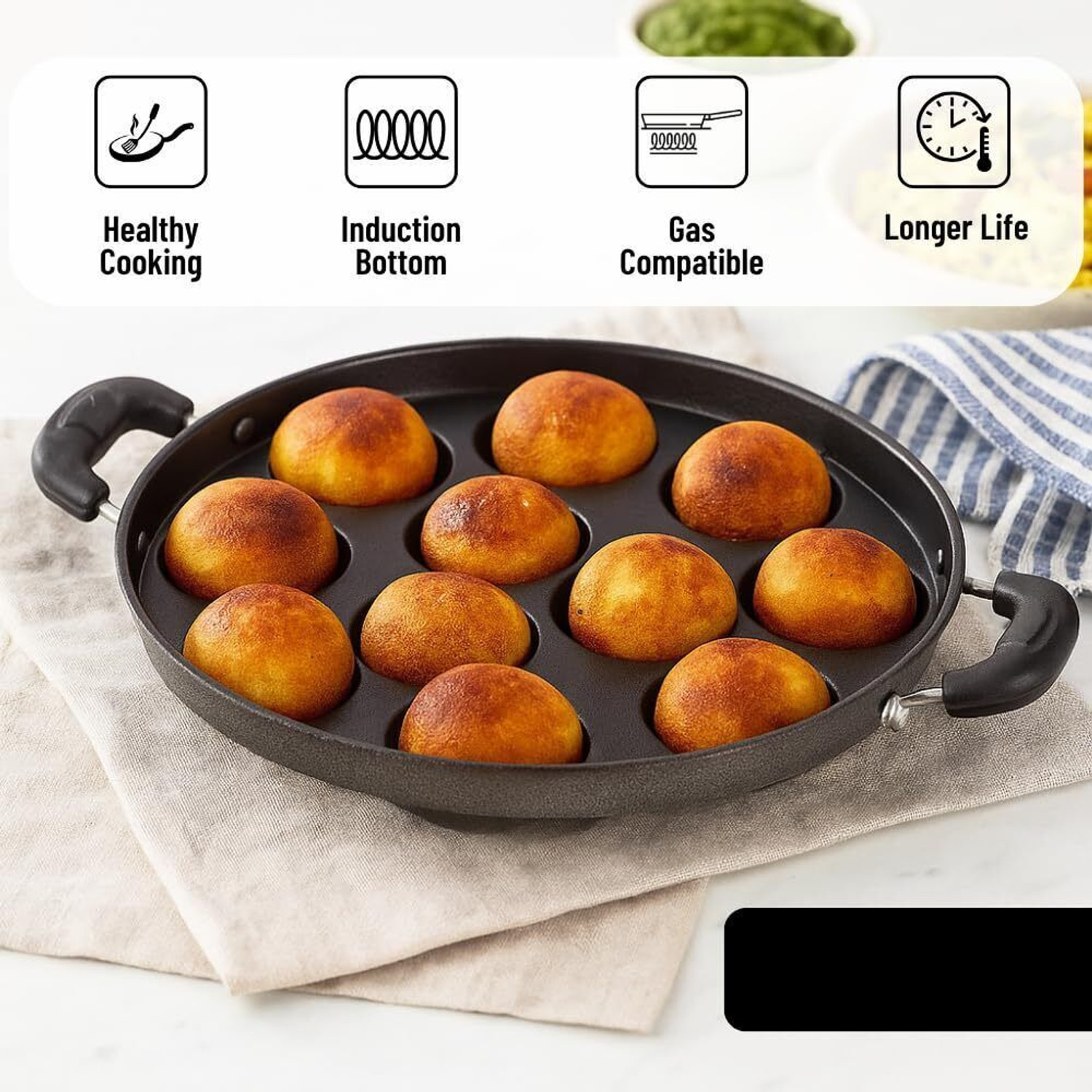 Image of DTM super appam patra with lid and handle / kulipaniyaram pan nonstick / appe / aapee Paniarakkal Pan 23 cm diameter with Lid 1 L capacity