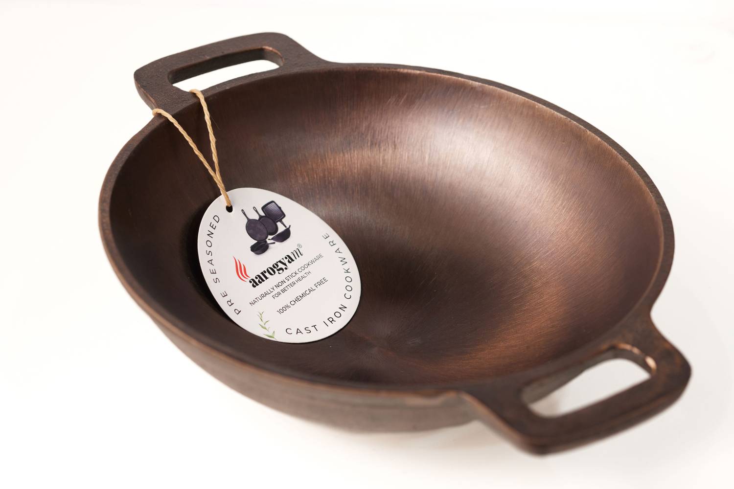 Aarogyam Pre-seasoned Cast Iron Round Kadai, 9″ Inches, Kadhai 23 cm diameter 1.3 L capacity