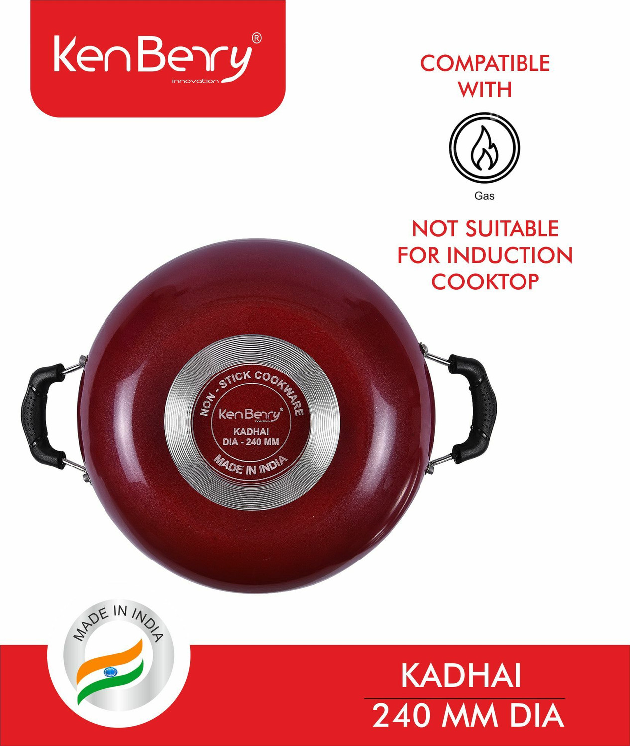 Image of KenBerry Eco Non Induction Base Superior Non Stick Coated With Steel Lid Kadhai 24 cm diameter with Lid 2.4 L capacity