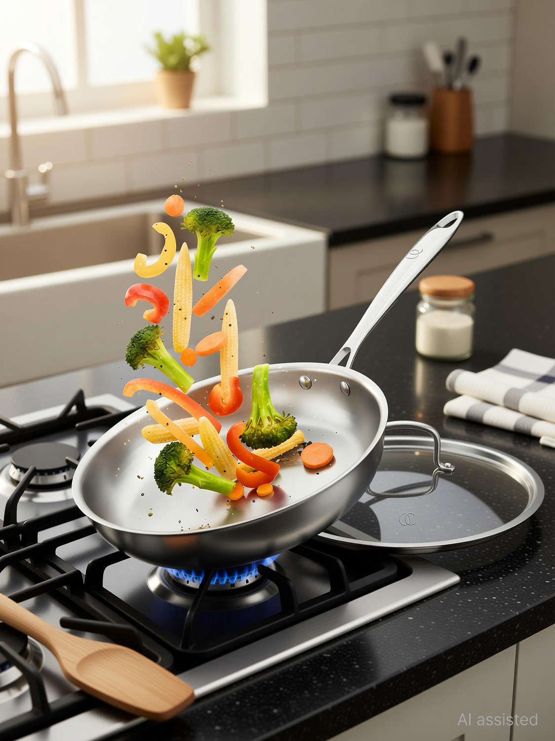 Image of Omichef 22CM (2Ltr) Triply Stainless Steel Frypan, Induction & Gas Compatible, Fry Pan 22 cm diameter with Lid 2 L capacity