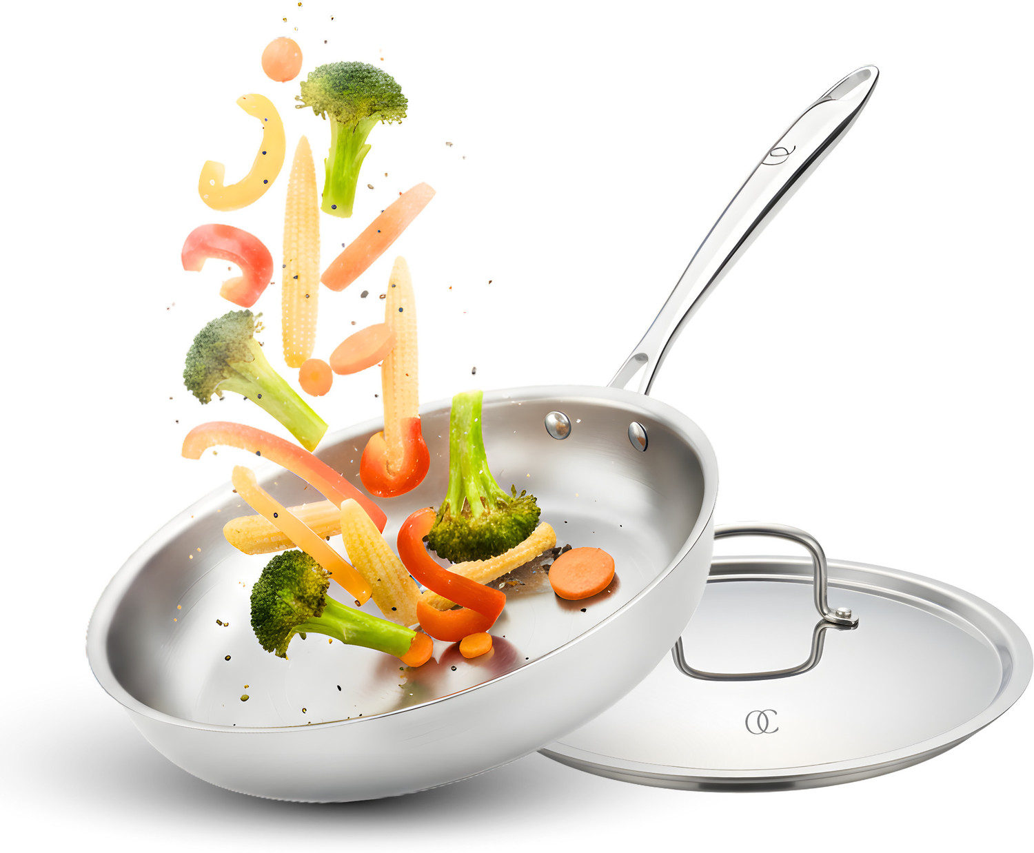 Image of Omichef 22CM (2Ltr) Triply Stainless Steel Frypan, Induction & Gas Compatible, Fry Pan 22 cm diameter with Lid 2 L capacity