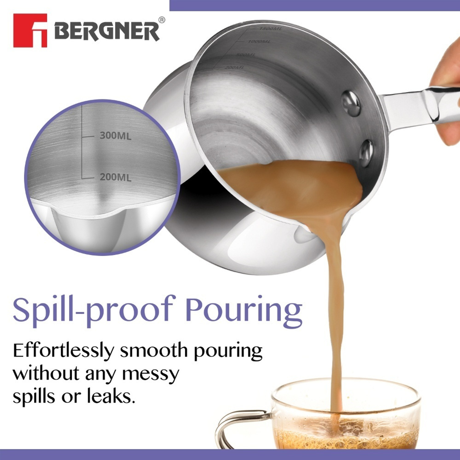 Image of BERGNER BE Essentials TriPly Stainless Steel Coffee Warmer / Milkpan | Coffee Pan 14 cm diameter 1.5 L capacity