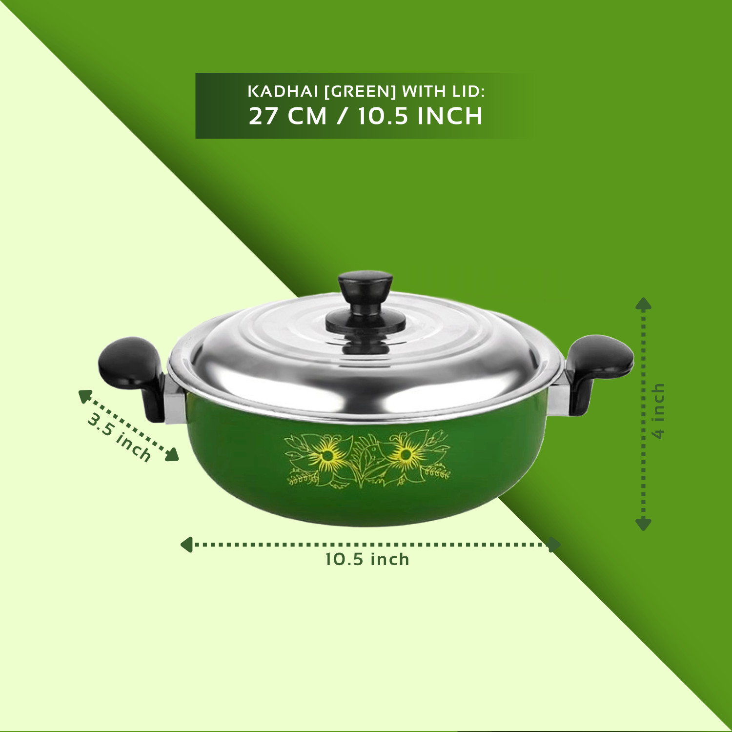 Image of My Store Non Stick Kadhai with Steel Lid (Green / 3.5 L) - Non Stick Induction Compatible Kadhai 27 cm diameter with Lid 3.5 L capacity