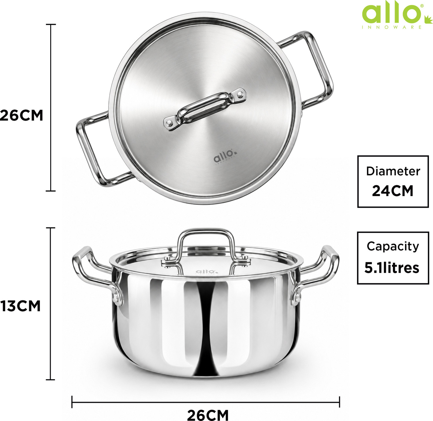 Image of Allo CookSafe TriPly Stainless Steel Naturally Non Stick Pot 24 cm diameter 5.1 L capacity with Lid