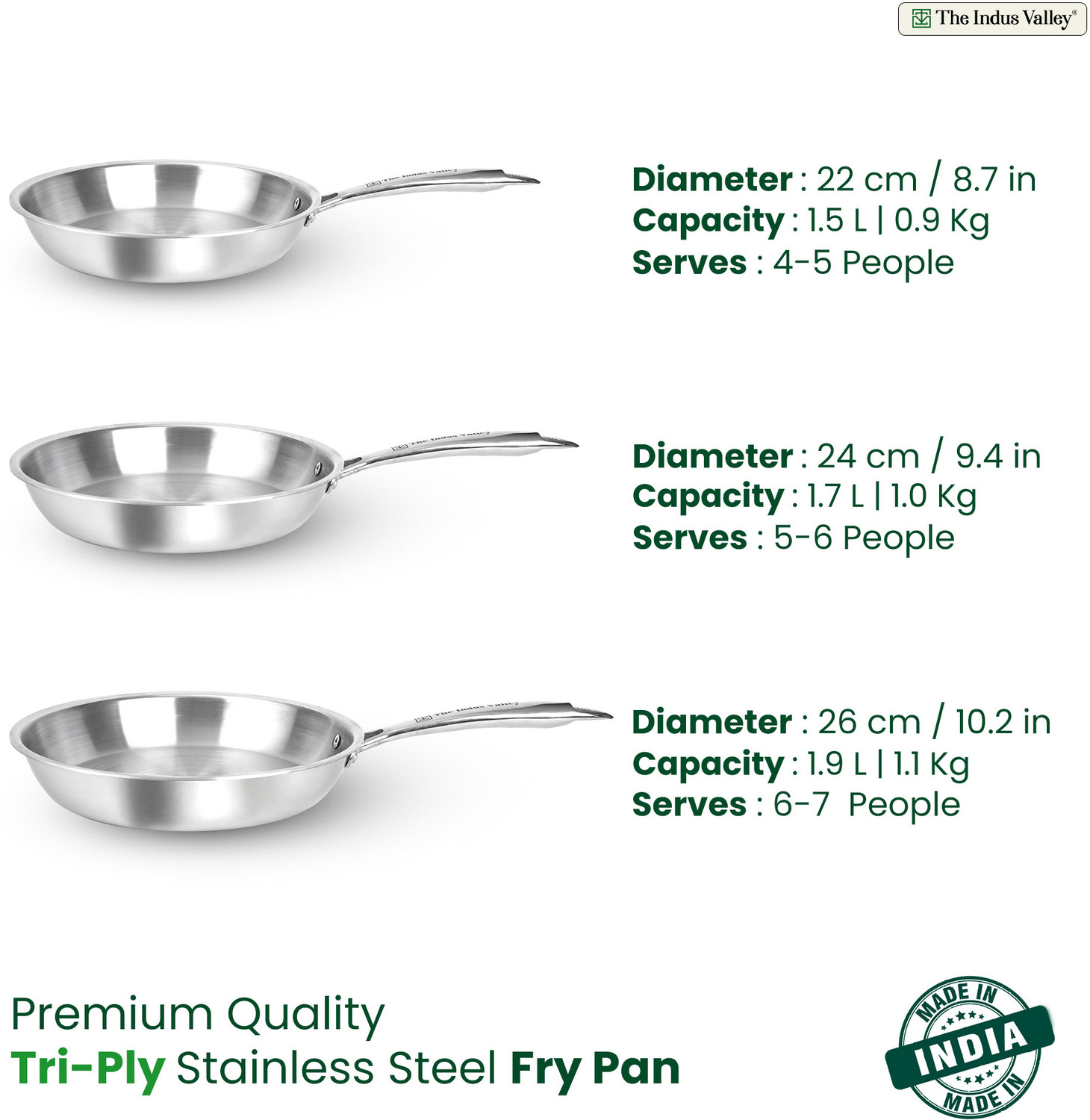 Image of The Indus Valley Triply Stainless Steel Fry Pan with Strong Handle - 8.7 inch Fry Pan 22 cm diameter 1.5 L capacity