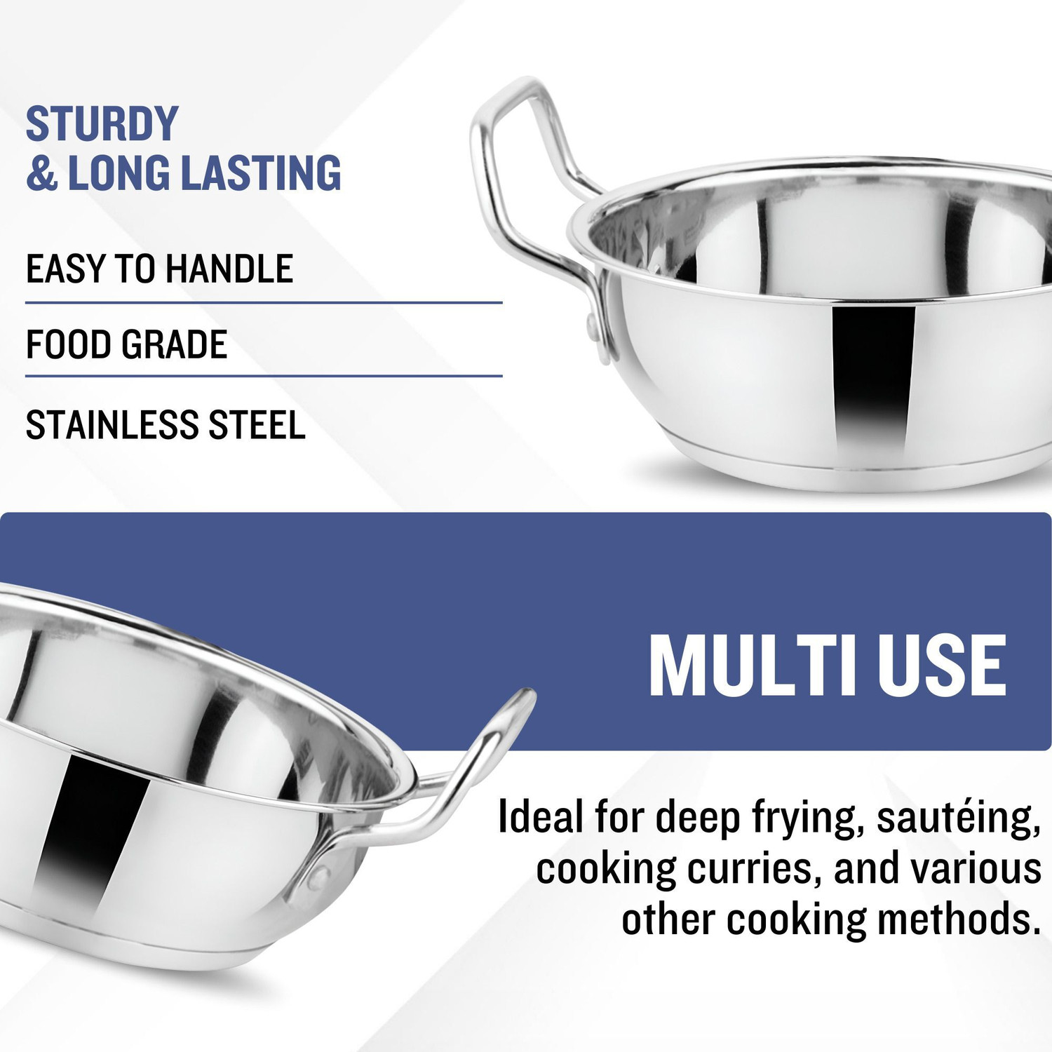 Image of PRABHA Kadai for Cooking | Steel Kadhai | Heavy Induction Base Stainless Steel Kadhai Kadhai 18.5 cm diameter 1.5 L capacity