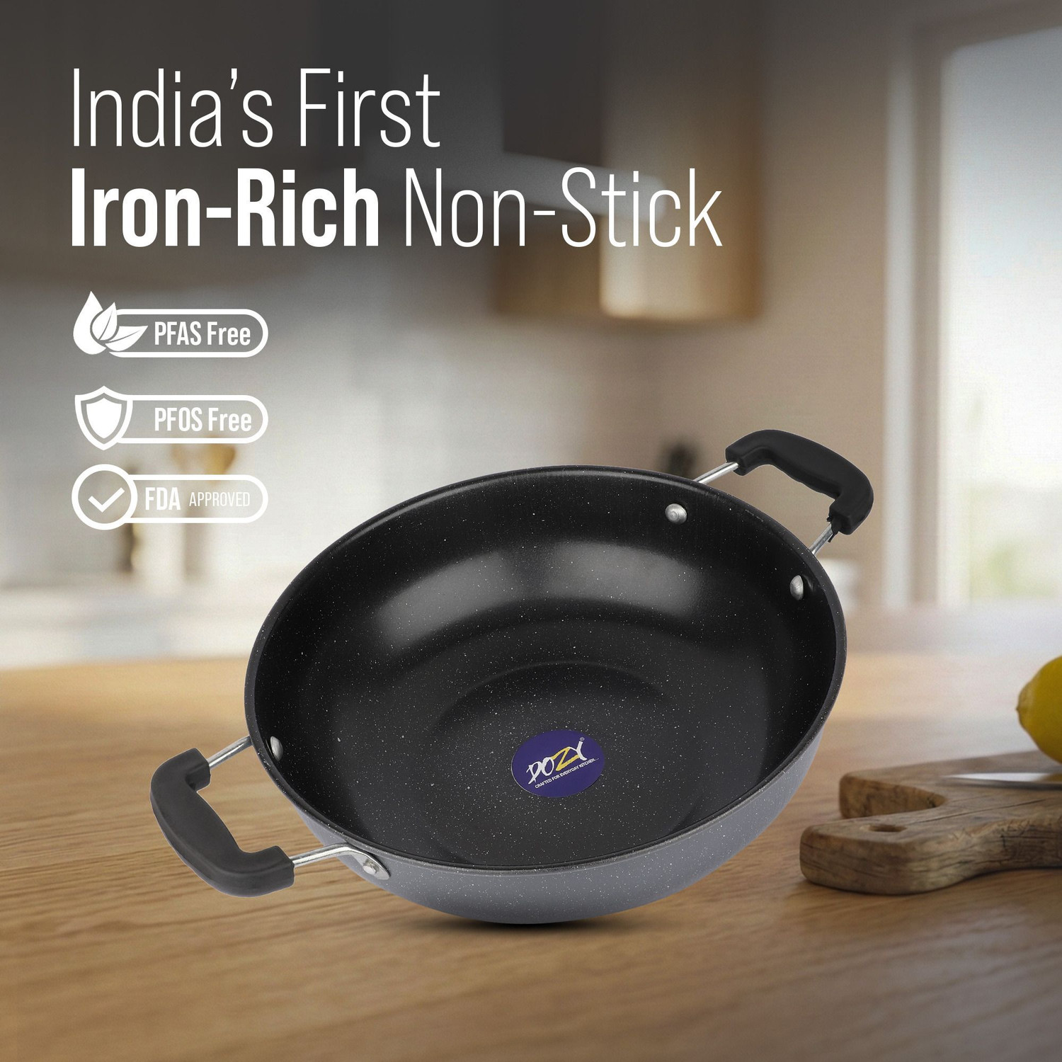 Image of Dozy IronRich Pro 28cm Low-Flame Nonstick Induction Kadhai Pan Kadhai 28 cm diameter 3 L capacity