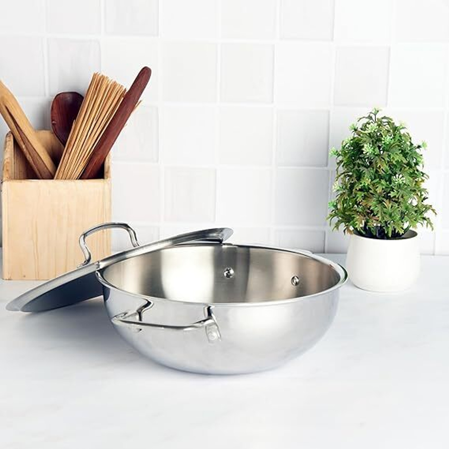 Image of Kraft Stainless Steel Futuretec Triply Stainless Steel Extra Deep Kadhai 24 cm diameter with Lid 3.3 L capacity