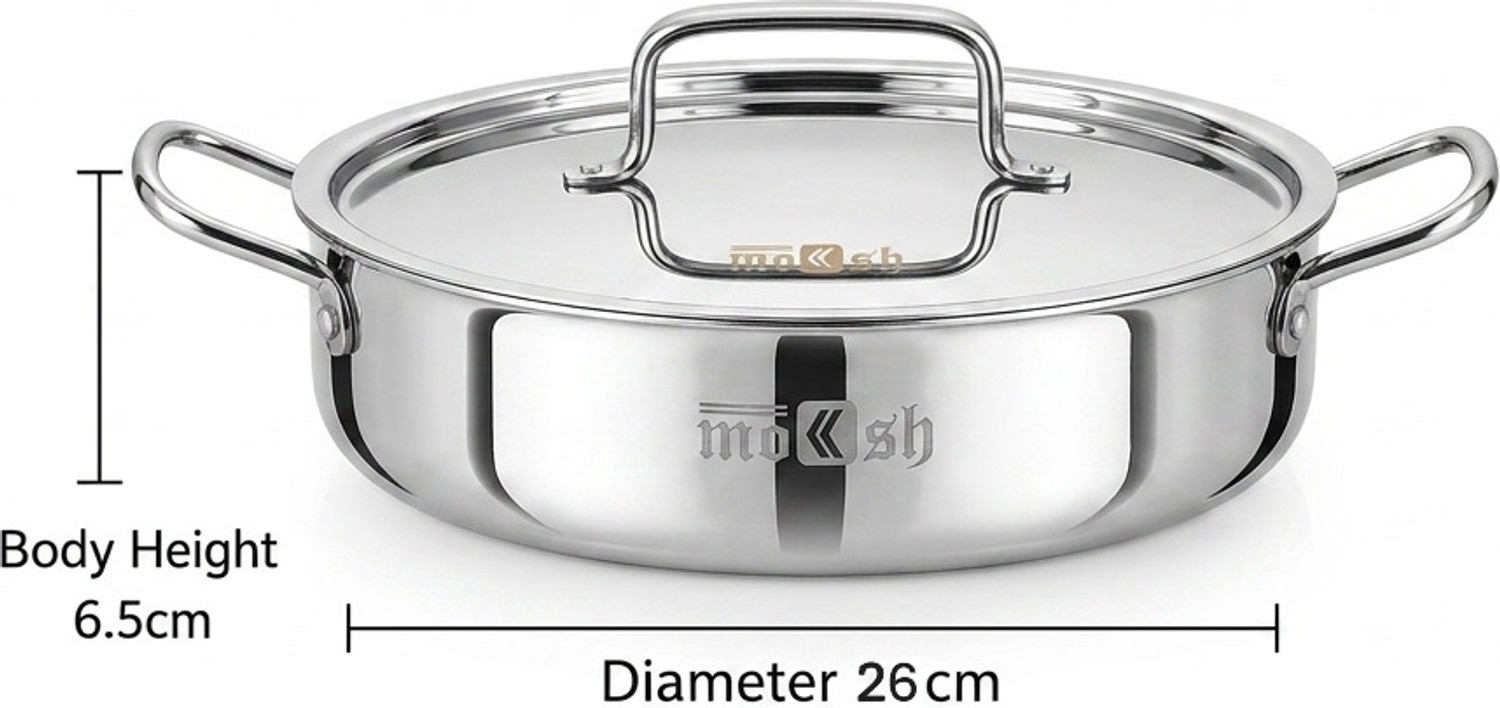 Image of moksh TriPly SS Cook & Serve Casserole / Shallow Biryani Pan / Stew Pot / Handi Pot 26 cm diameter 4 L capacity with Lid