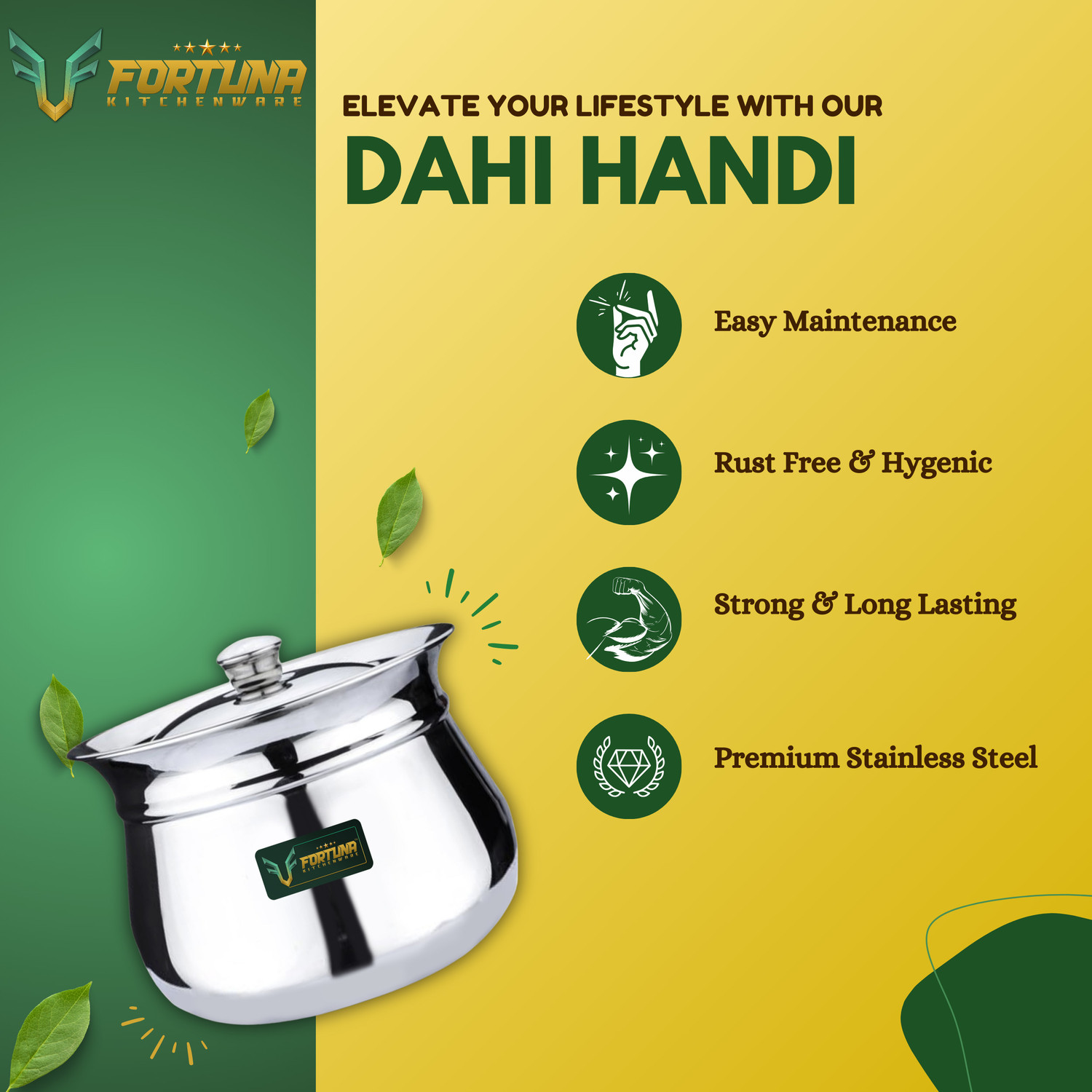 Image of Fortuna 1 Ltr, 5-Star Heavy Dahi Handi / Curd Pot with Lid | Induction & Gas Compatible Pot 14.5 cm diameter 1 L capacity with Lid