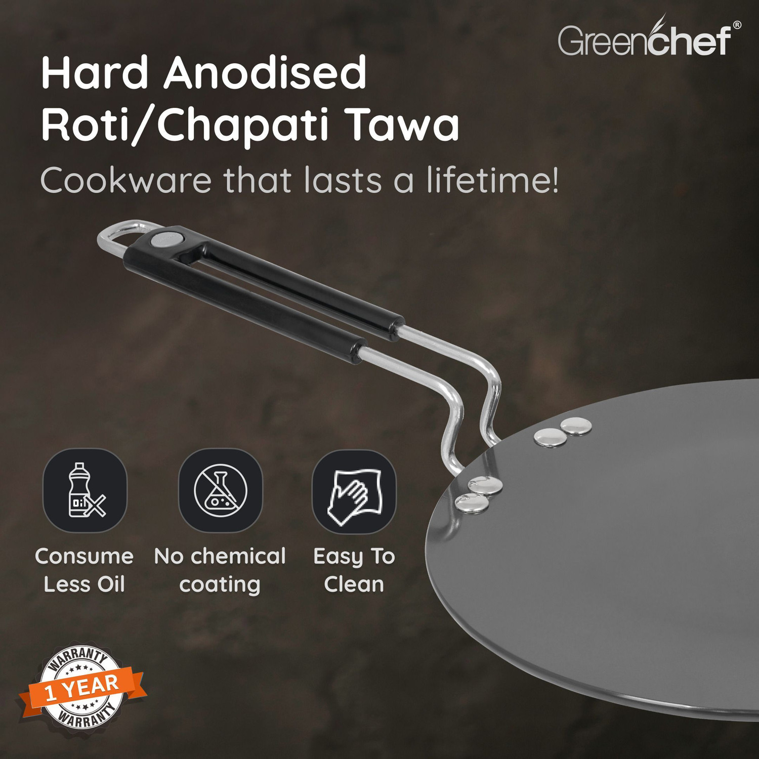Image of Greenchef Roti /Chapathi Hard Anodised Tawa 225 cm diameter (Hard Anodised, Non-stick, Induction Bottom)